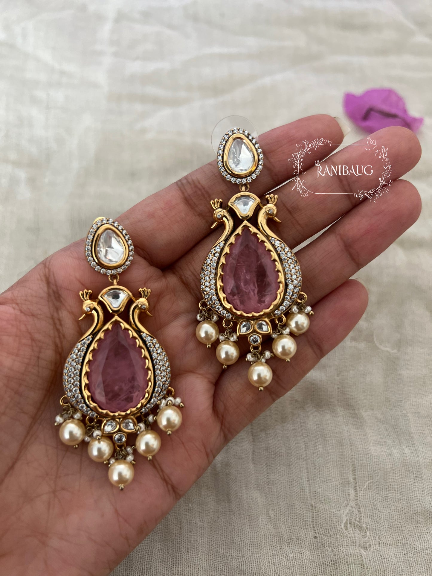 Gautami Peacock Polki Pearl Drop Teardrop Gemstone Dangler Earrings By Ranibaug