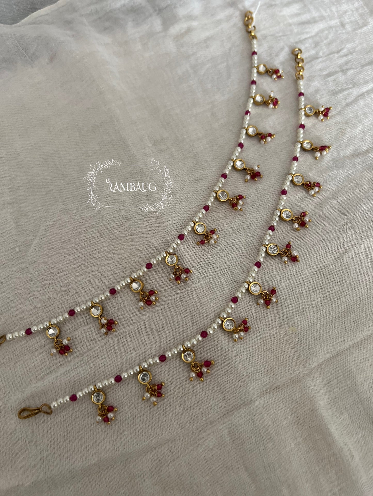 Gayatri Antique Gold Polki Drops Ruby Bead And Pearls Fringe Payal Anklets By Ranibaug