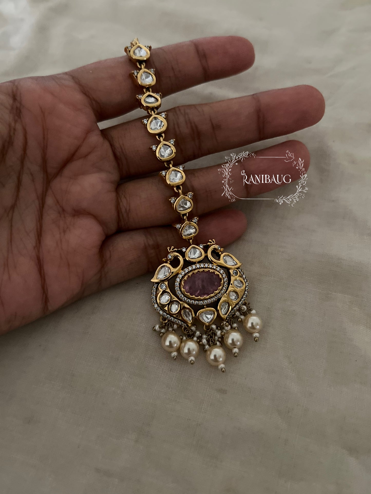 Giana Kundan Polki Gold Finish Peacock Motif Pearl Adorned Maang Tikka Hair Jewelry By Ranibaug