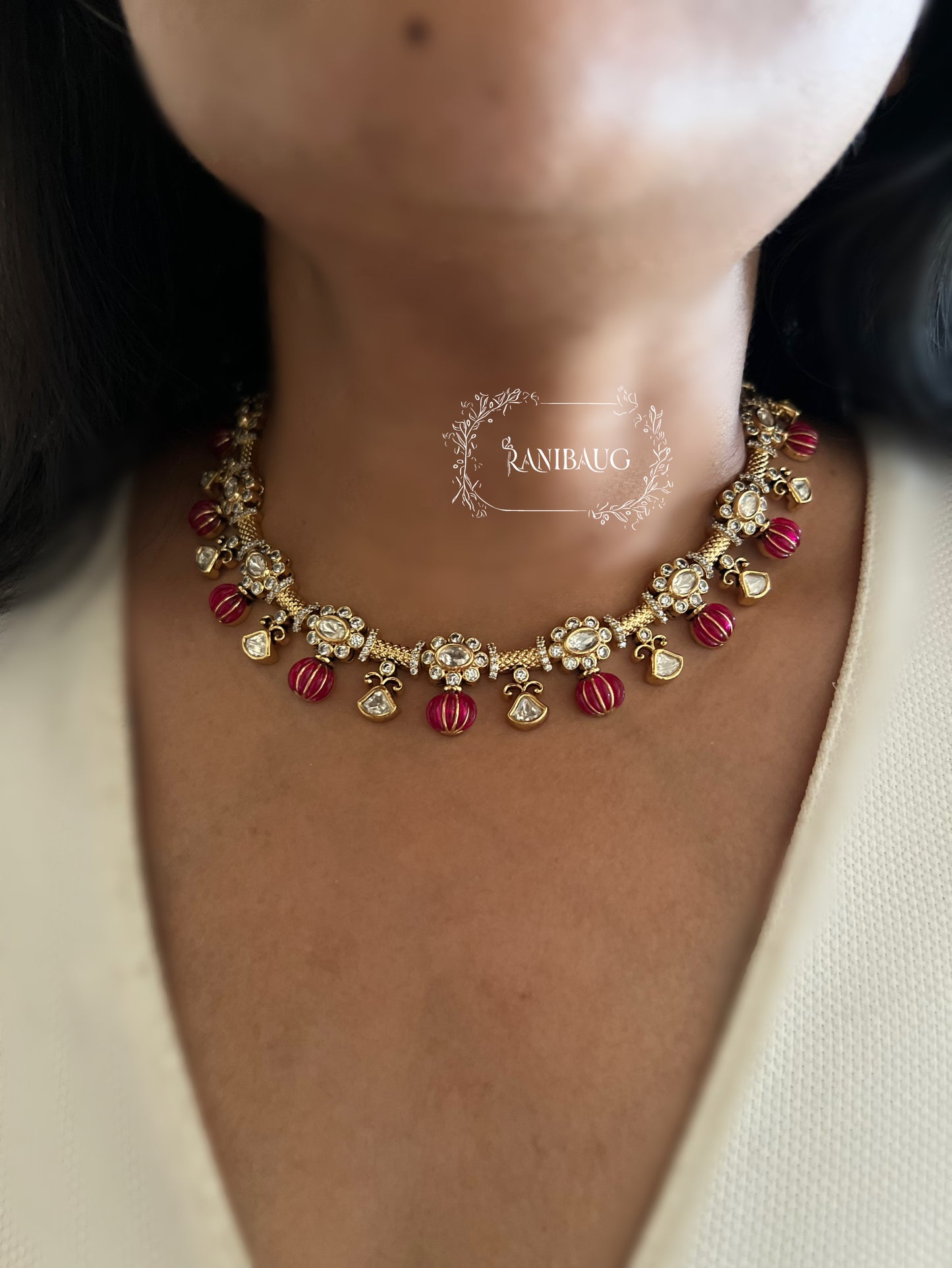 Girija Designer Beaded Motif Kundan Drops Gold Plated Necklace Set By Ranibaug