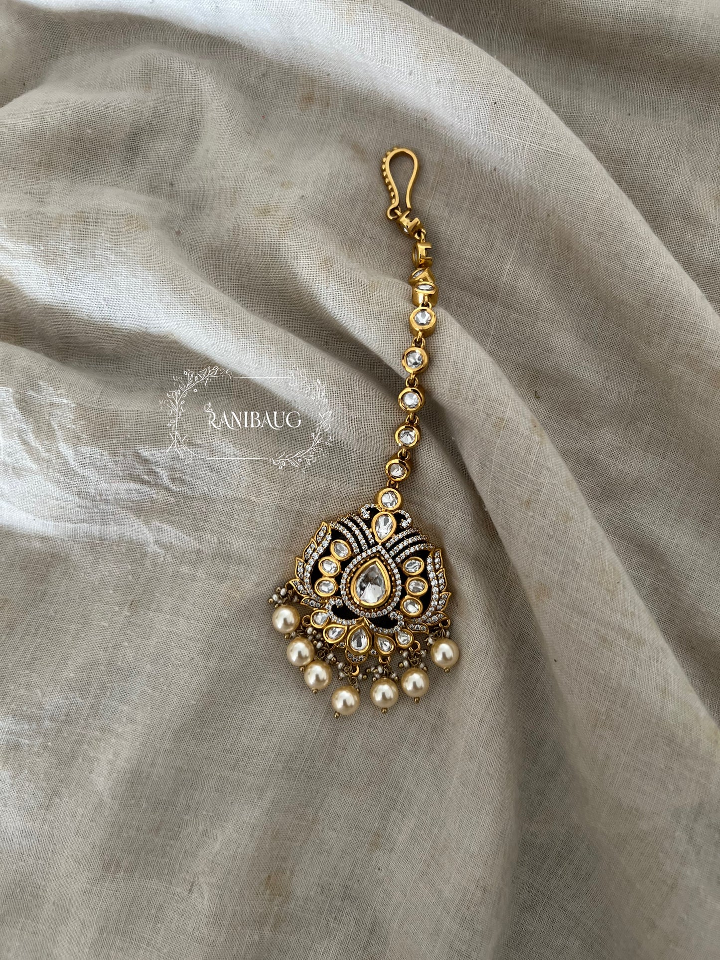 Girija Gold Plated Teardrop Polki Pearl Designer Maang Tikka Jewelry By Ranibaug
