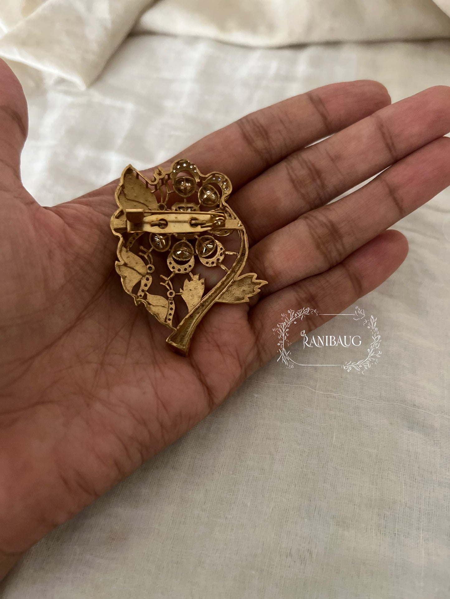 Gulmohar Gold Finish Polki Kundan Studded Floral Brooch By Ranibaug