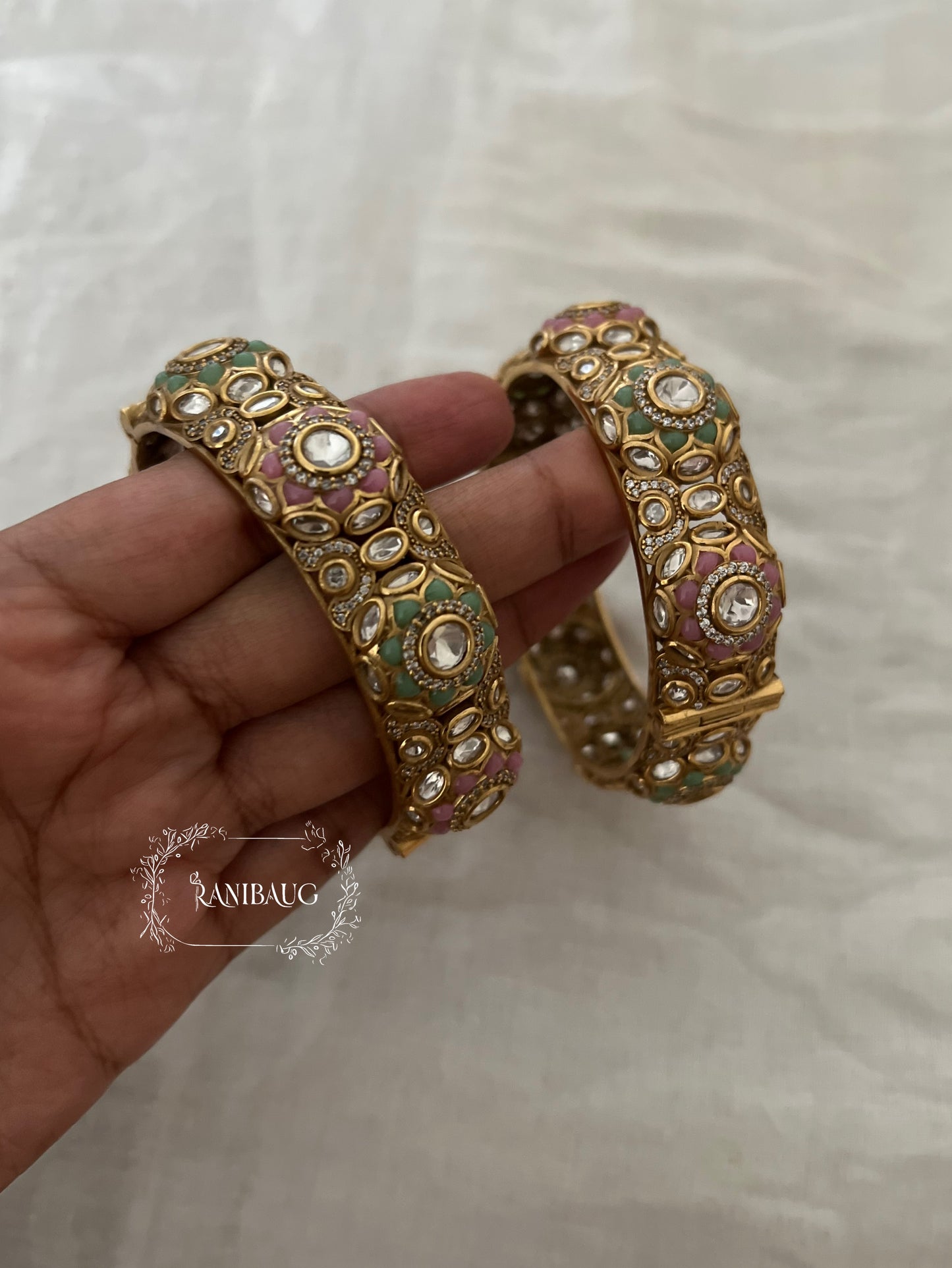 Gulnazar Gold Finish Polki Emerald Festive Bangle Wedding Jewelry By Ranibaug