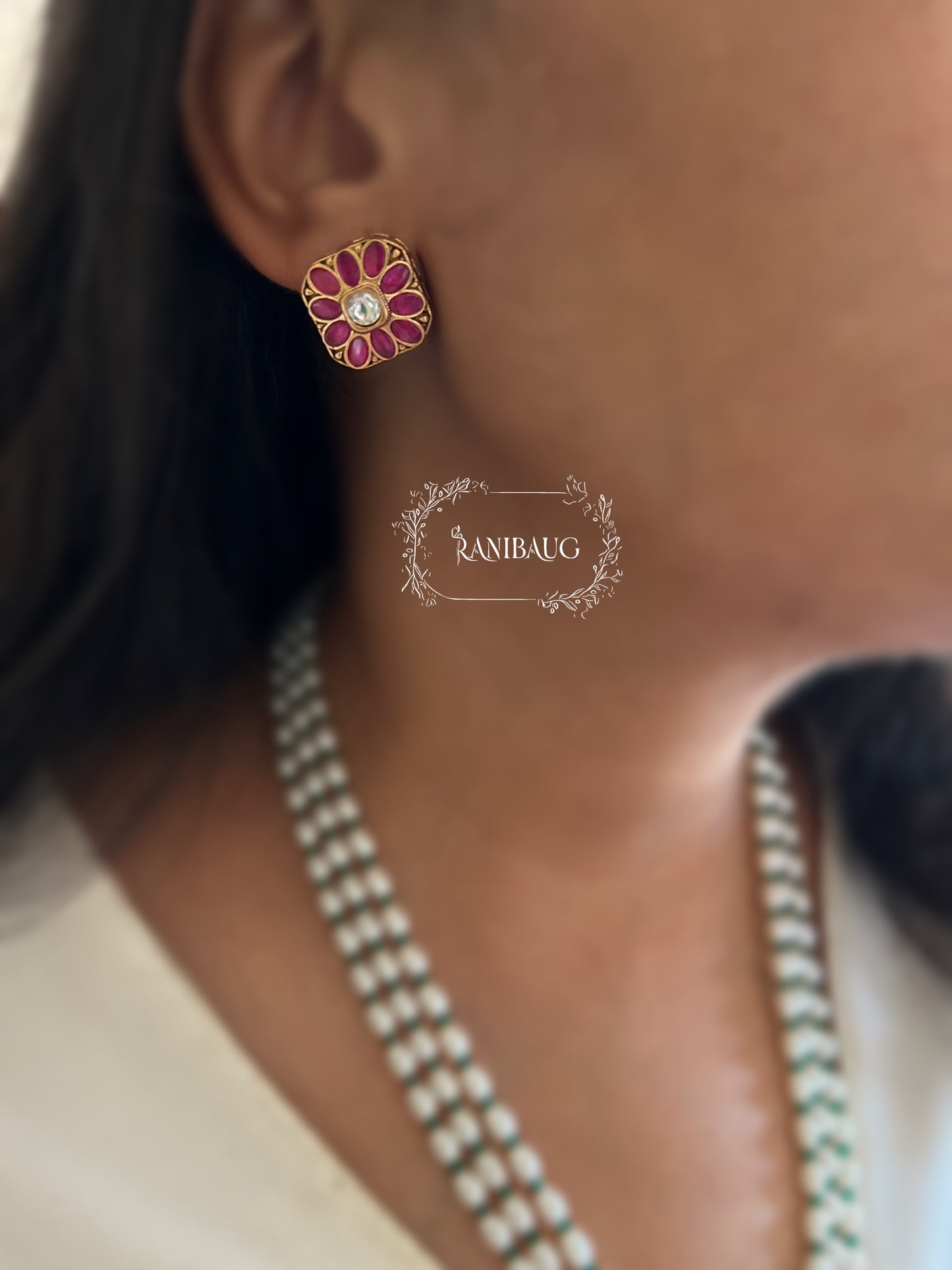 Guntaz Kundan Studded Gold Finish Pearl Strand Enamel Floral Motif Necklace Set By Ranibaug