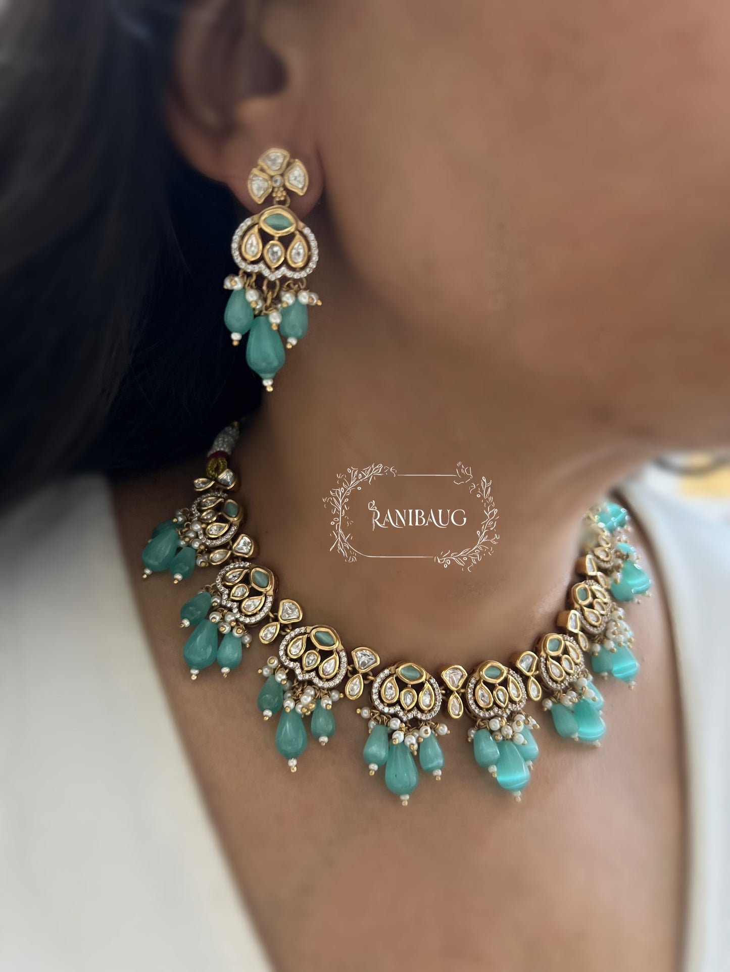 Hanaya Polki Kundan Gold Finish Pearl Stone Drop Classic Festive Jewelry Set By Ranibaug