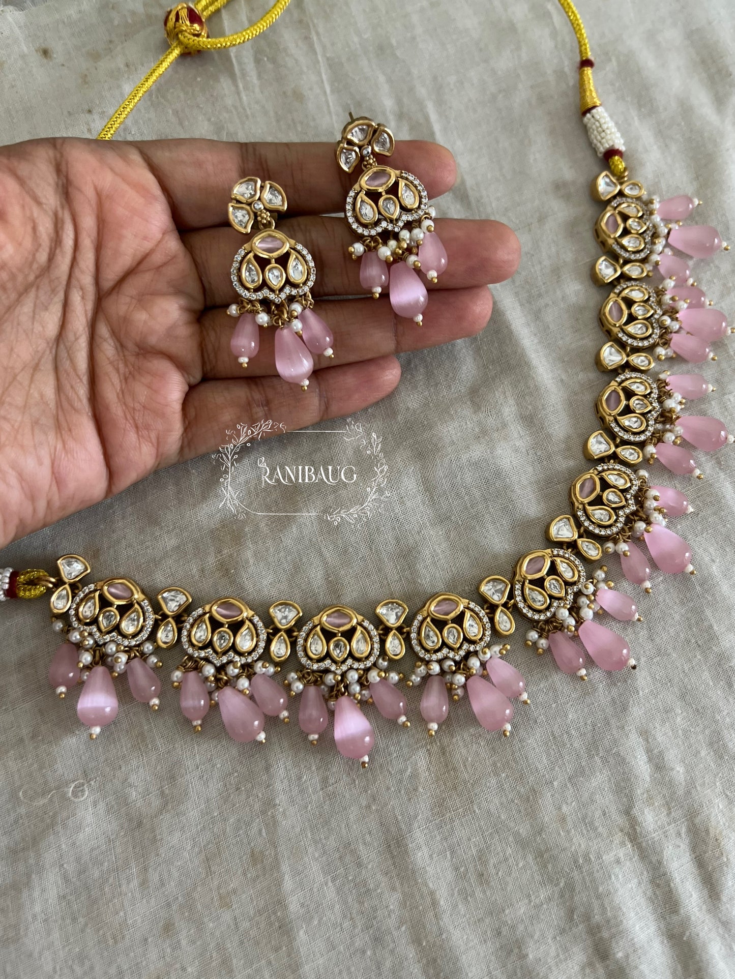 Hanaya Polki Kundan Gold Finish Pearl Stone Drop Classic Festive Jewelry Set By Ranibaug