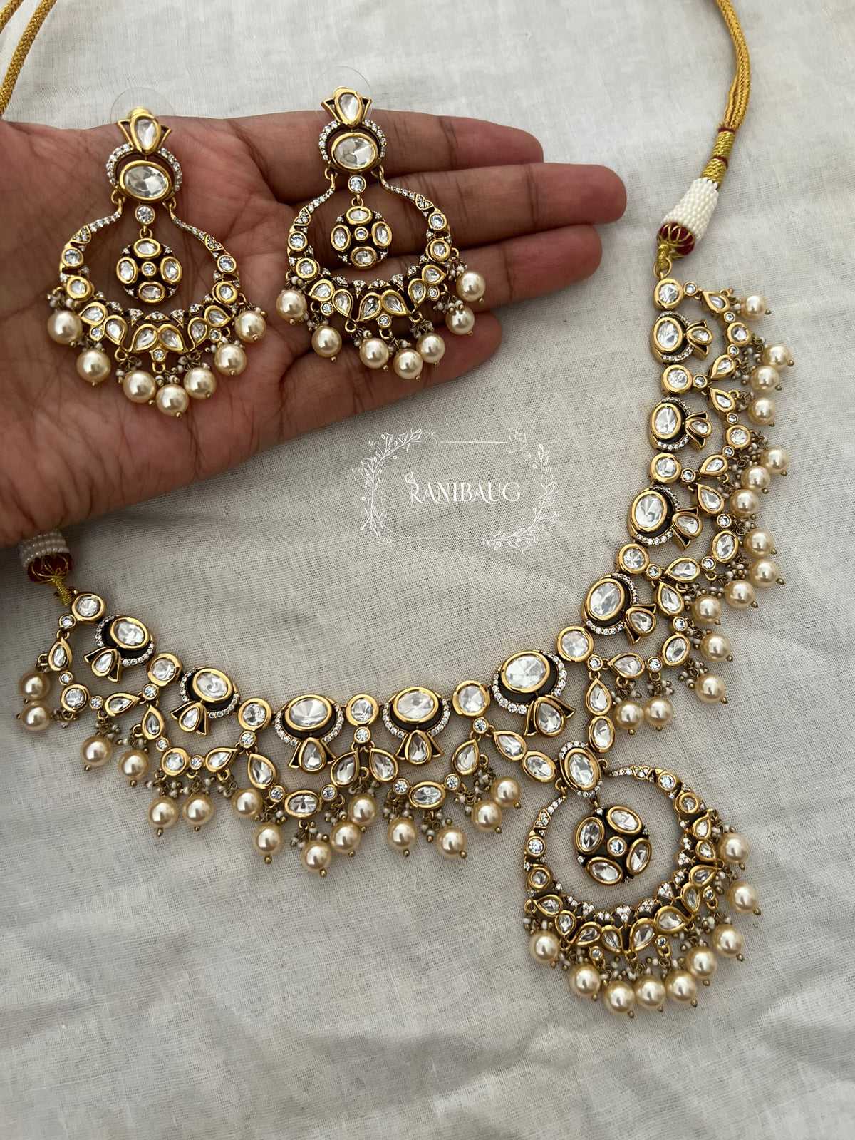 Harshani Polki Kundan Gold Finish Designer Necklace Set By Ranibaug