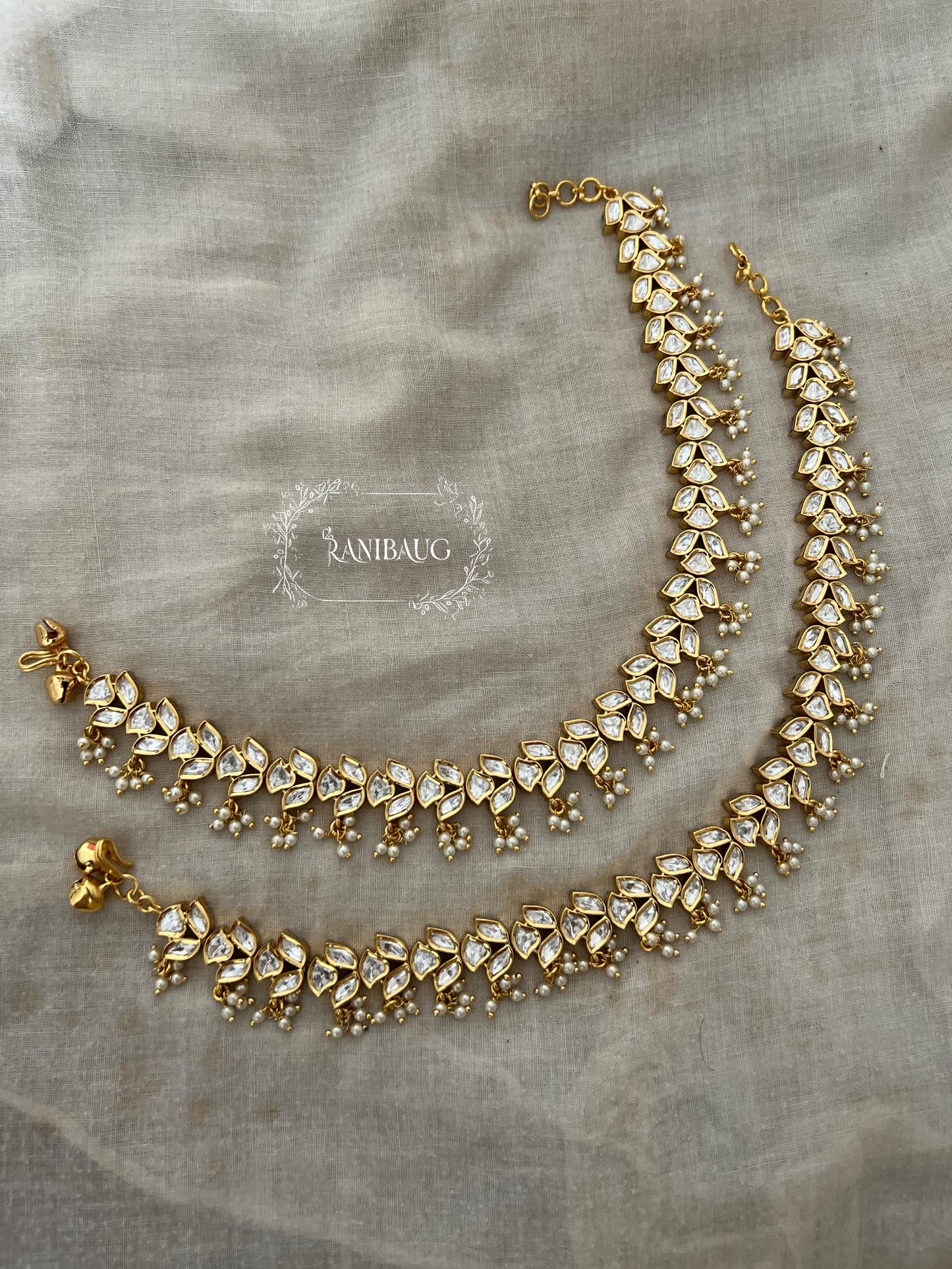 Hridya Quality Victorian Gold Finish Kundan Polki Anklet Bracelet For Bride With Seed Pearl Fringe By Ranibaug | 2026 Latest Fashion Imitation Anklet Jewellery