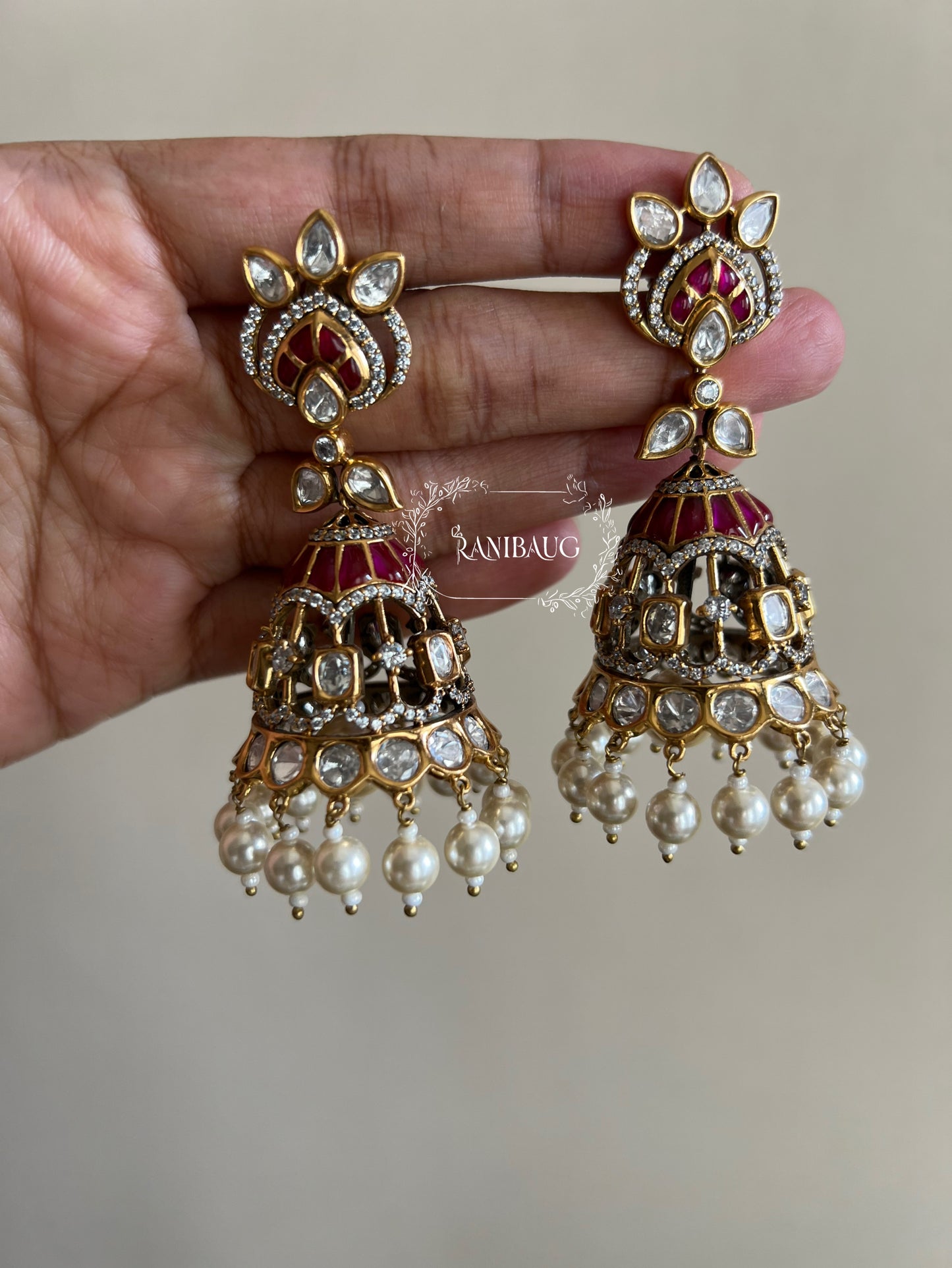 Nayera Gold Plated Designer Floral Vines Ruby Pearl Kundan Polki Jhumka Earrings