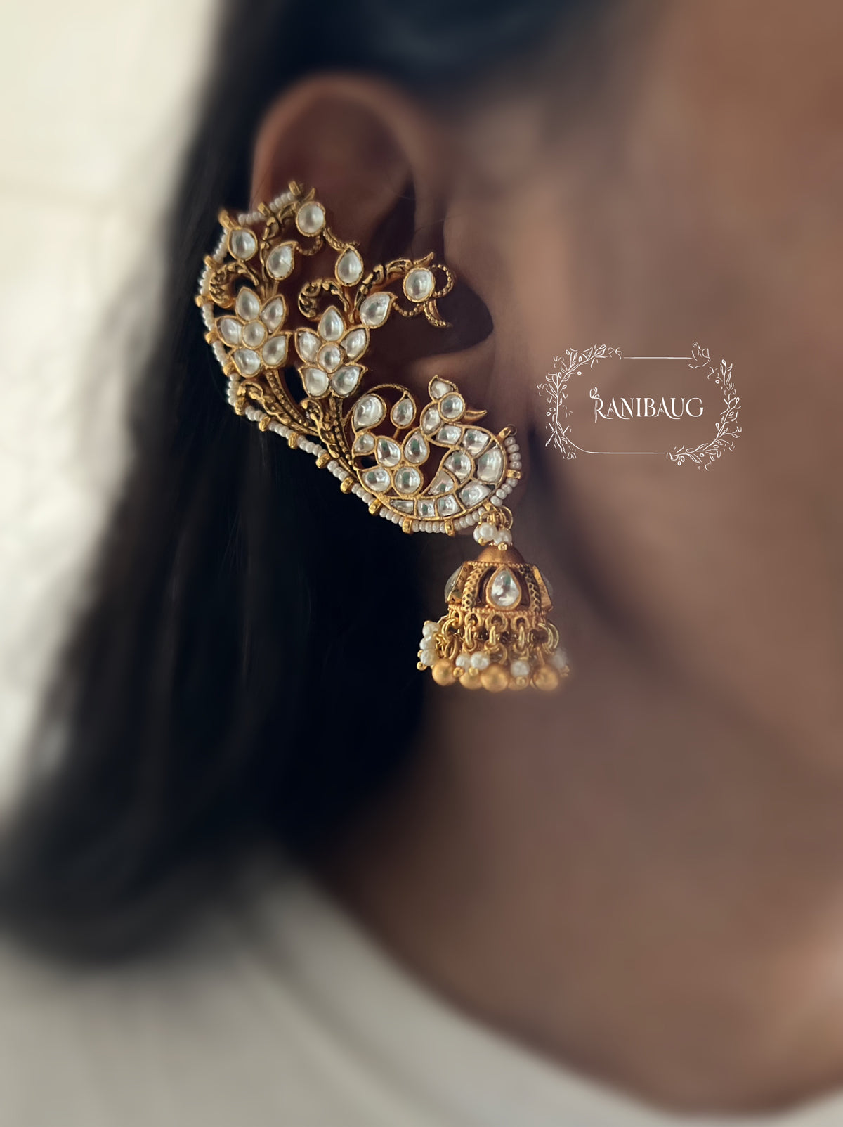 Risha Gold Finish Kundan Studded Floral Designer Earcuff Earrings By Ranibaug | The Royal Wedding Collection 2026