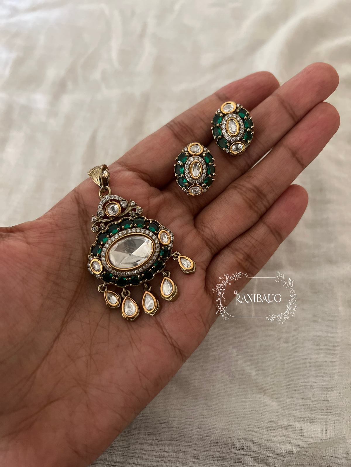 Ira Polki Studded Gold Finish Zirconia Pendant Set Jewelry By Ranibaug