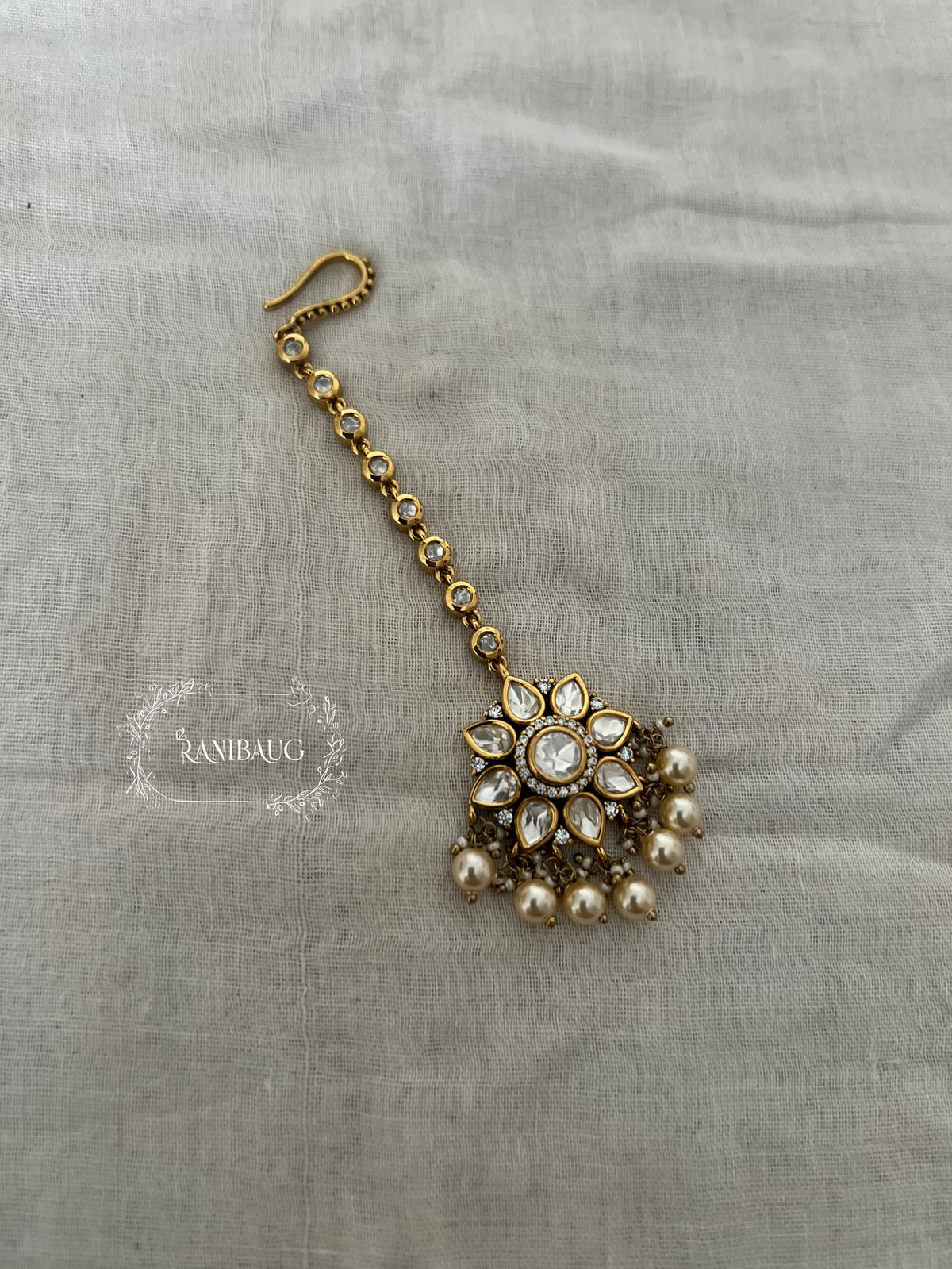 Rashika Polki Pear Studded Designer Indian Gold Finish Maang Tikka Jewelry By Ranibaug