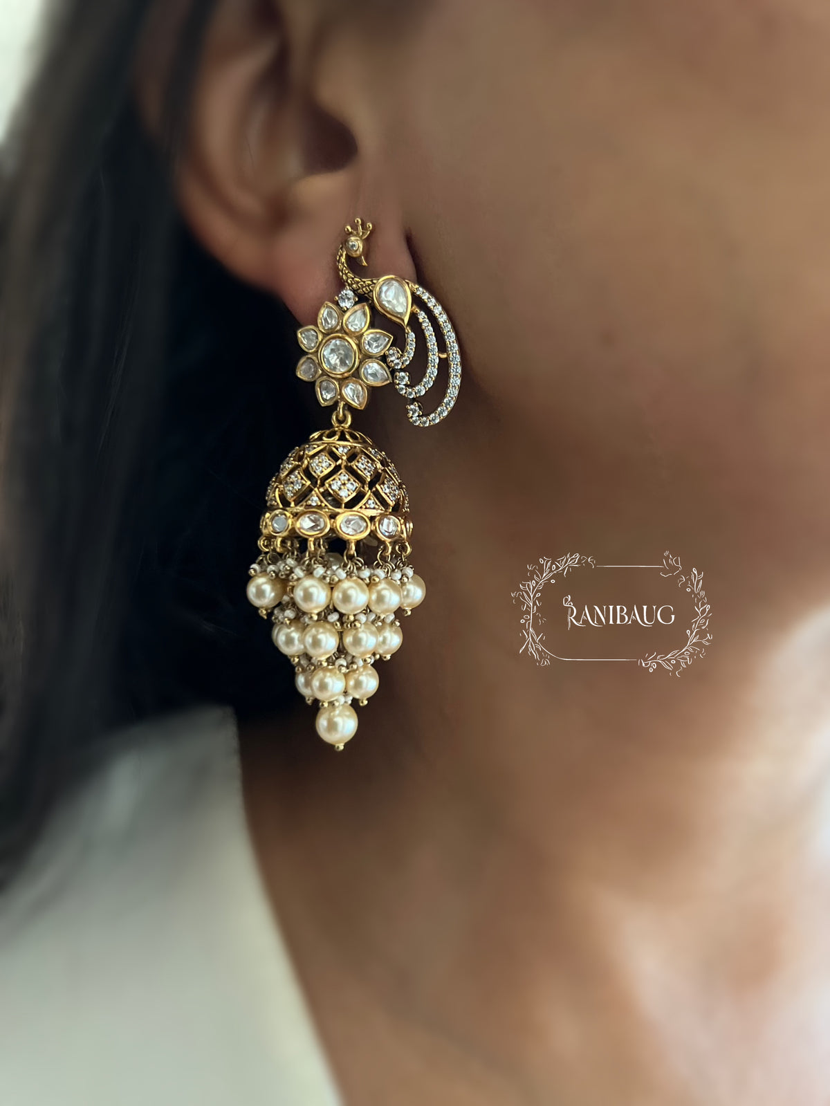 Mayur Mor Pankh Ethnic Polki Pearl Jhumki Earrings | Ranibaug