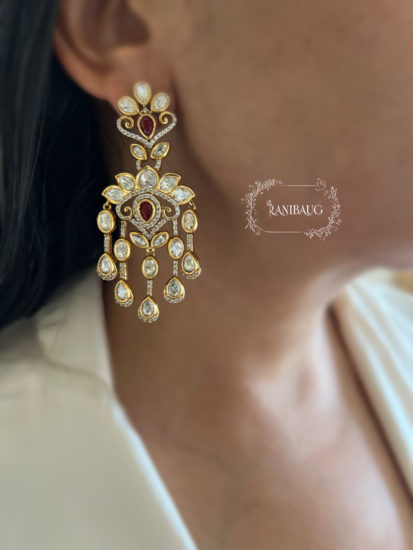 Indira Mossainite Waterfall Drop Reception Statement Earrings | Ranibaug