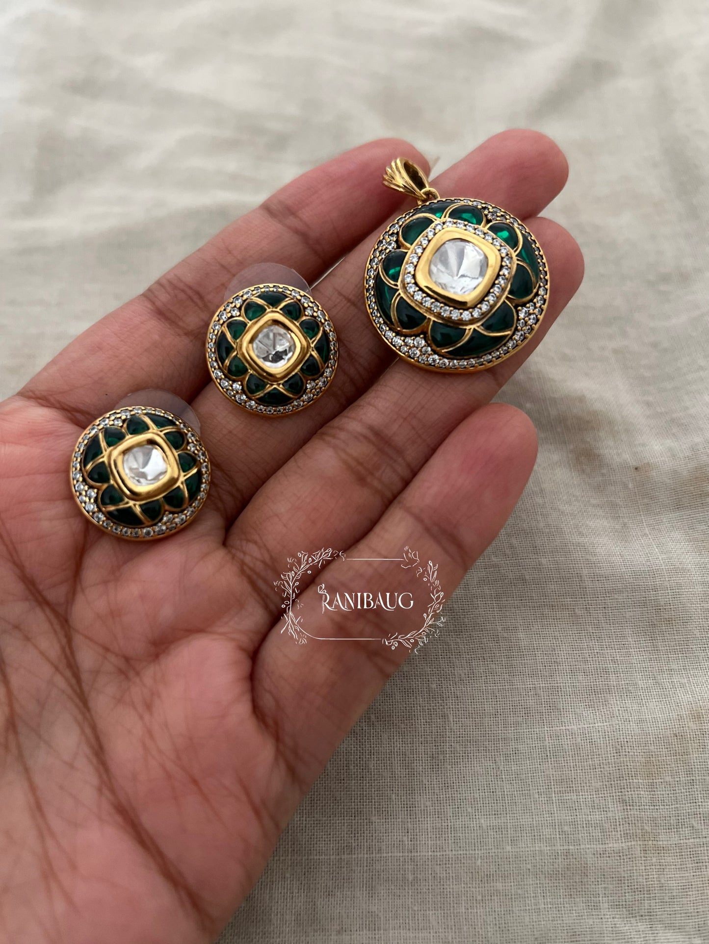 Ira Polki Studded Gold Finish Zirconia Pendant Set Jewelry By Ranibaug