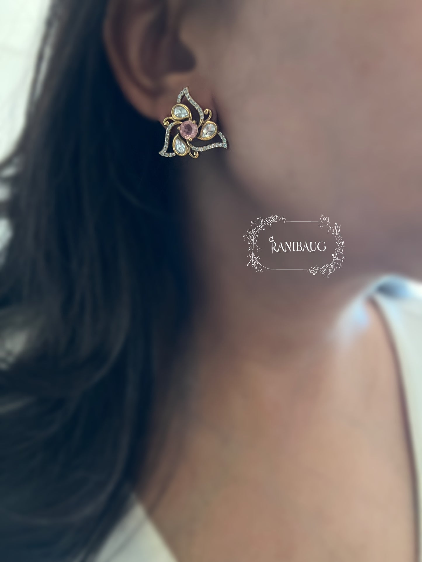 Iraaya Polki Studded Victorian Style Gemstone Gold Finish Ear Studs Festive Jewelry By Ranibaug