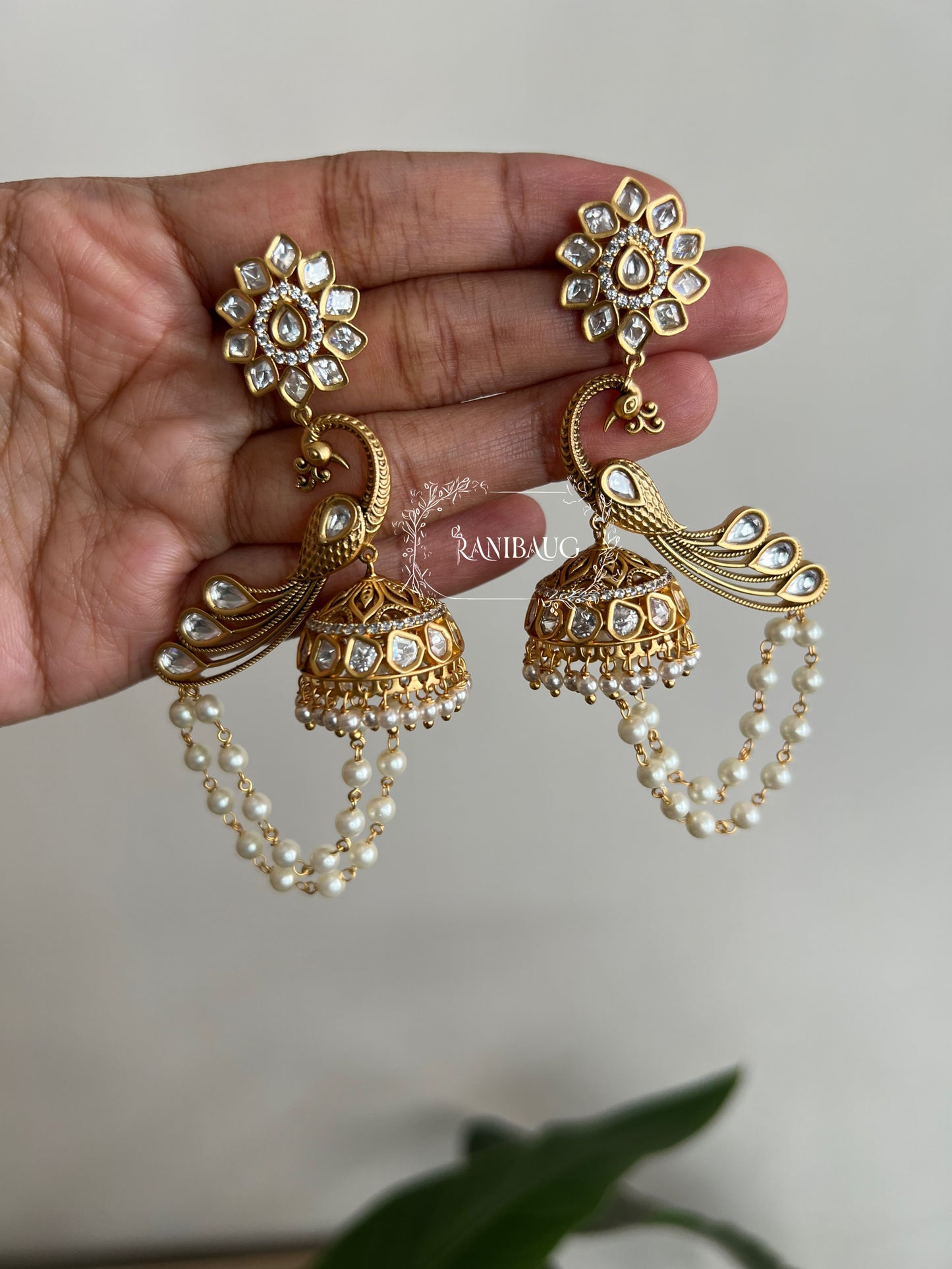 Ishaara Ornate Stud Peacock Jhumka Unique Gold Earrings RB