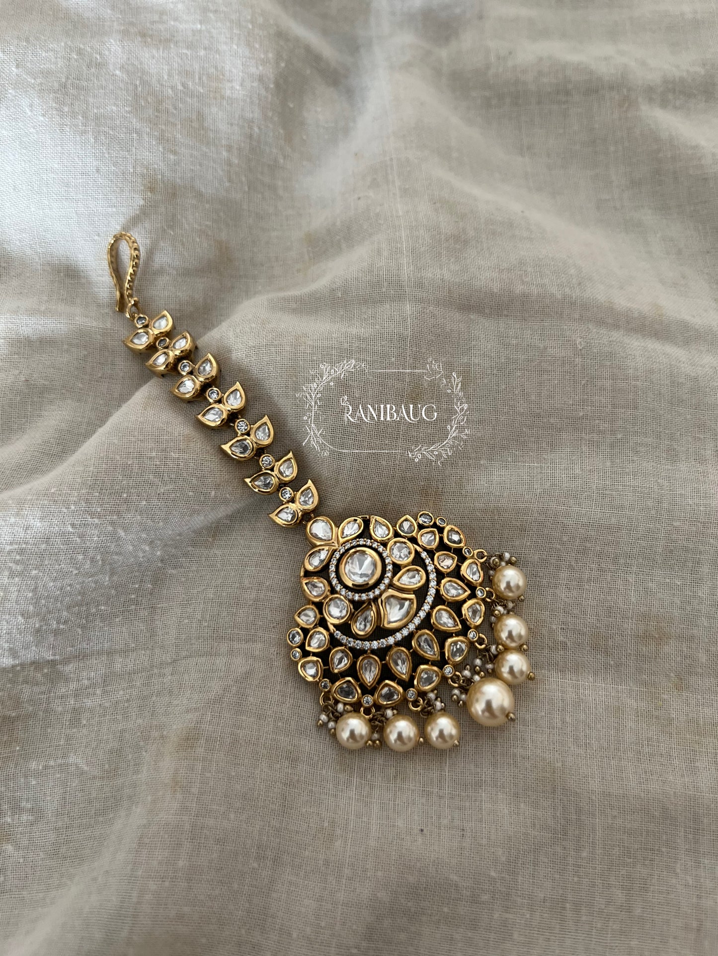 Jheel Victorian Mossainite Studded In Premium Gold Finish Maang Tikka With Pearl Clusters | Maang Tikka Wedding Accessory For Women By Ranibaug