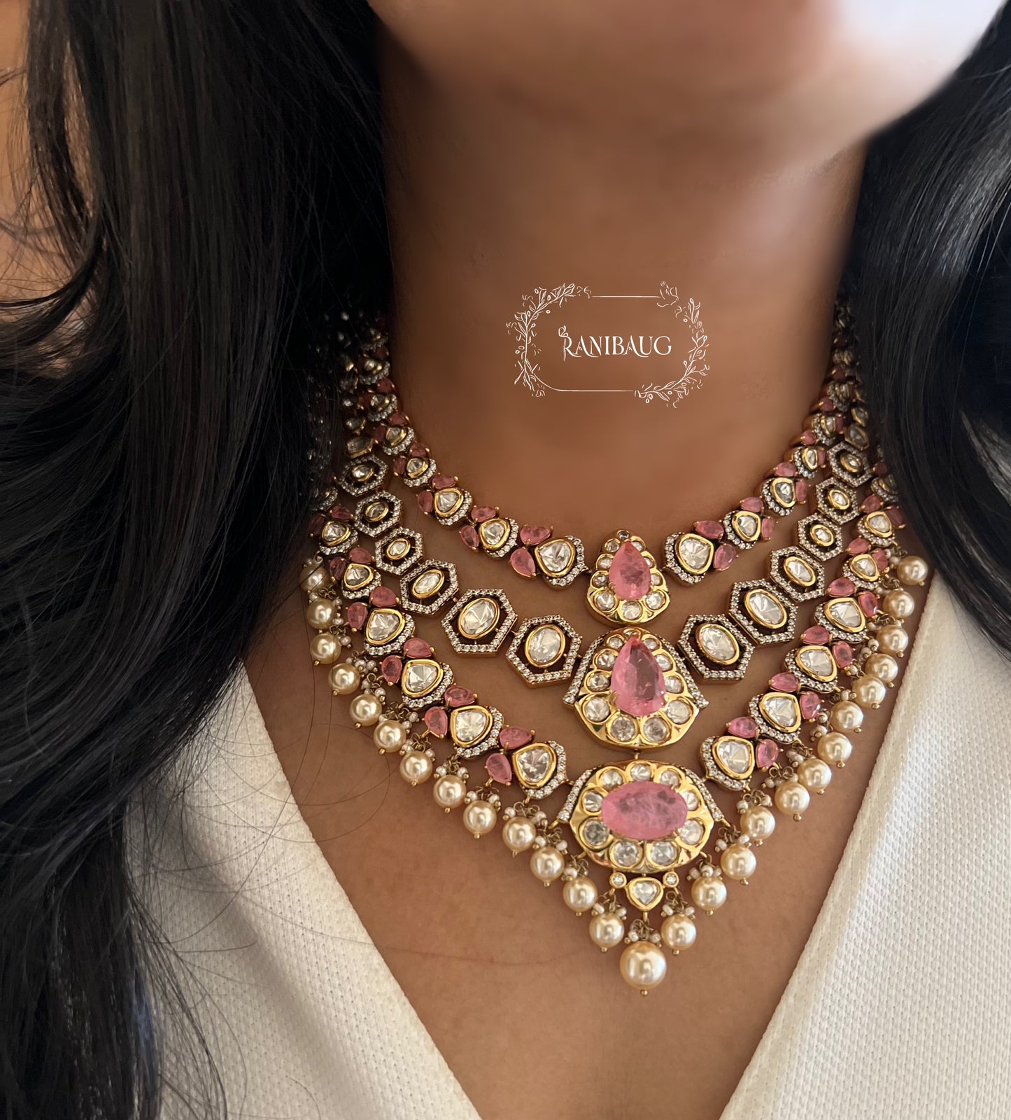 Jignavati Layered Long Heavy Polki Kundan Gemstone Set By Ranibaug