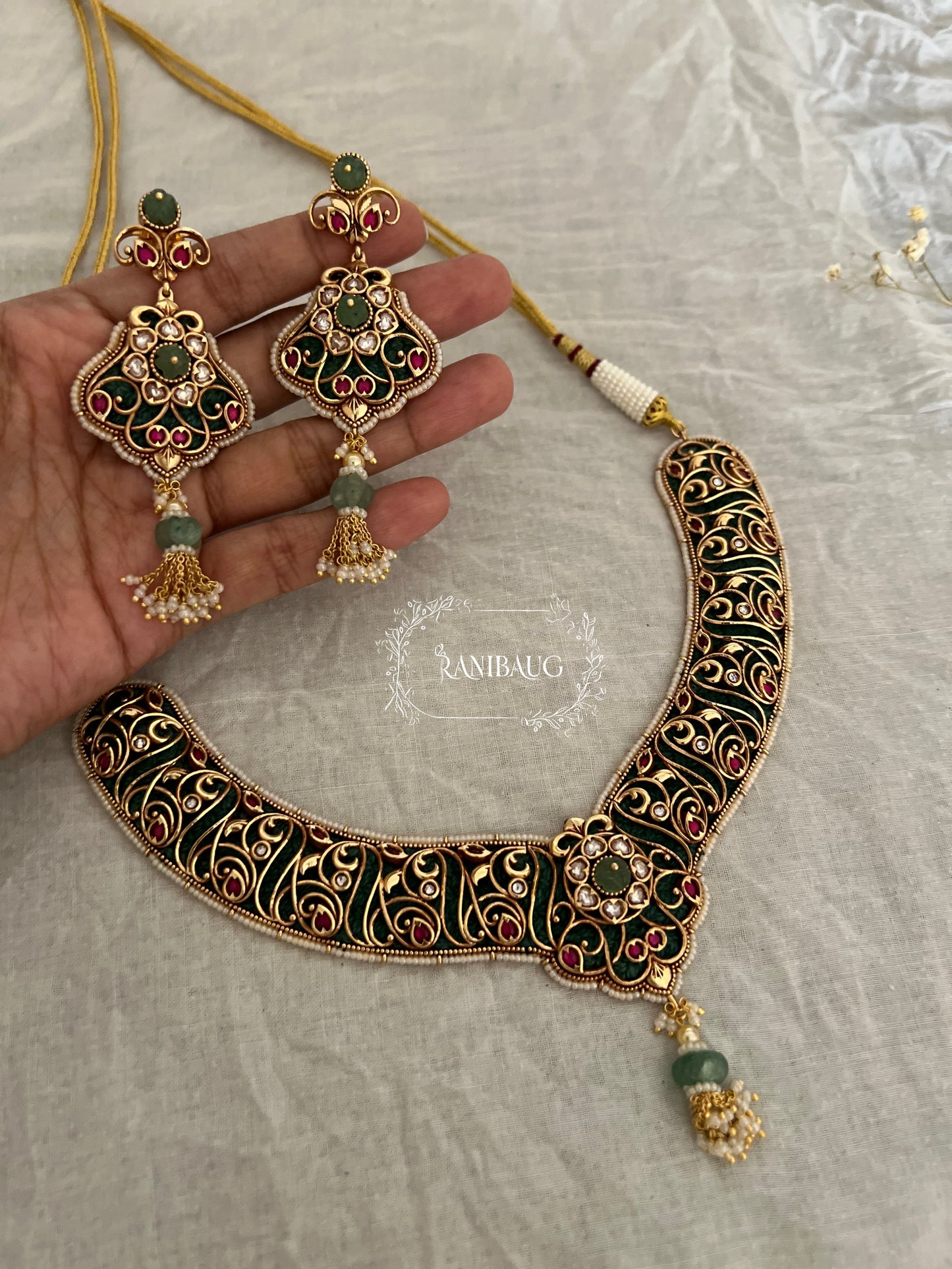 Jinali Traditional Heritage Gold Plated Green Jewellery Set By Ranibaug