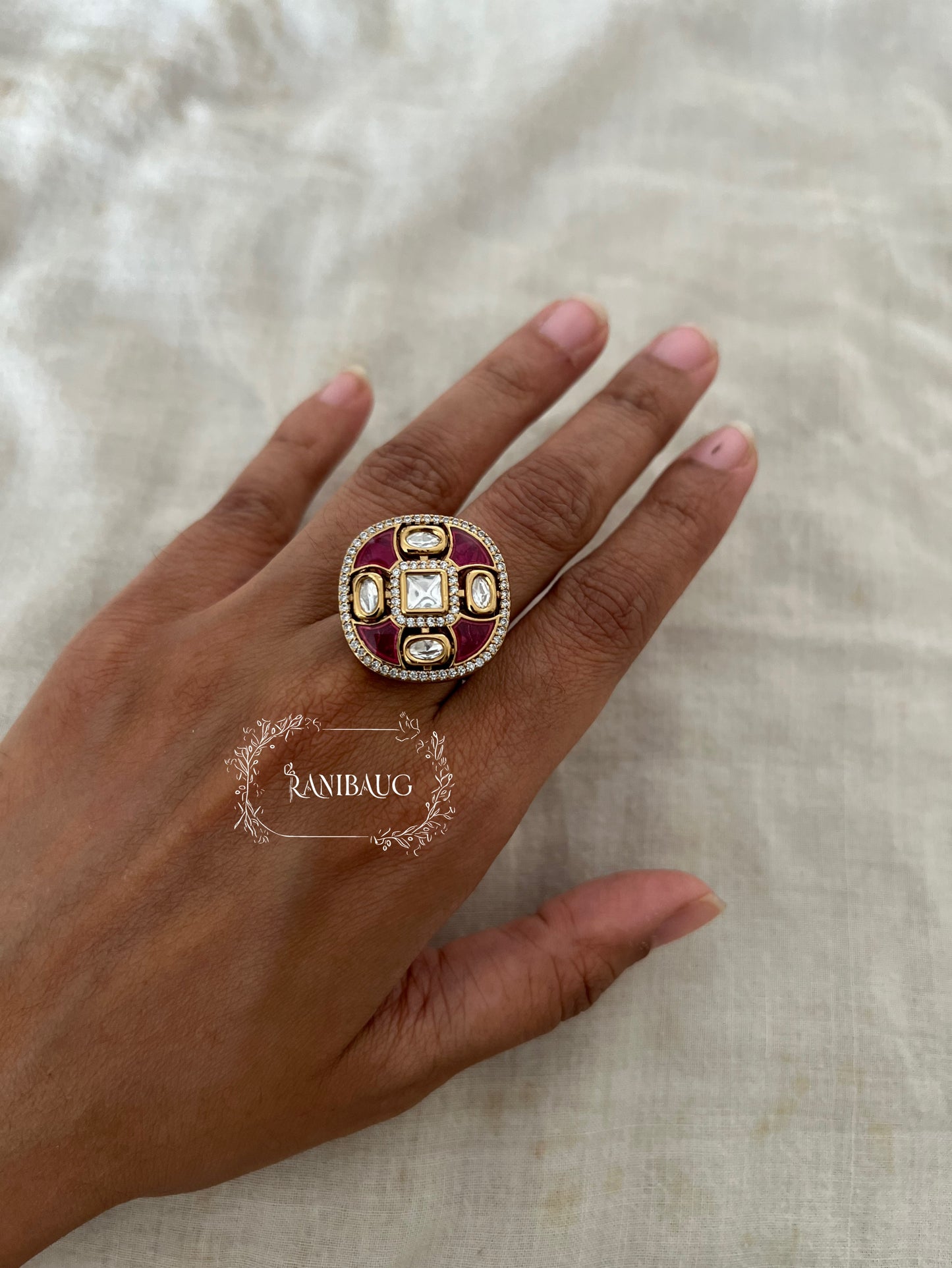 Jiya Polki Kundan Indian Festive Ring Premium Imitation Jewellery By Ranibaug