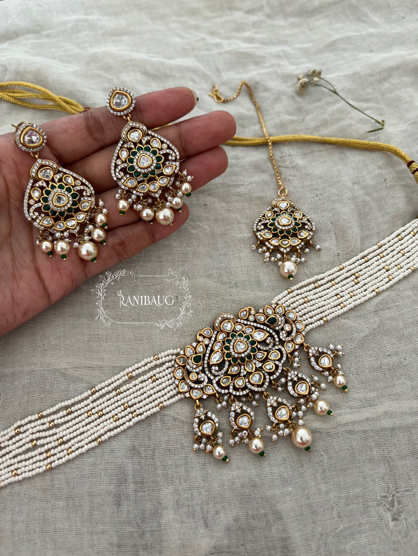 Jodhaa Victorian Finish Premium Mossainite And Pearl Choker Jewellery Set By Ranibaug