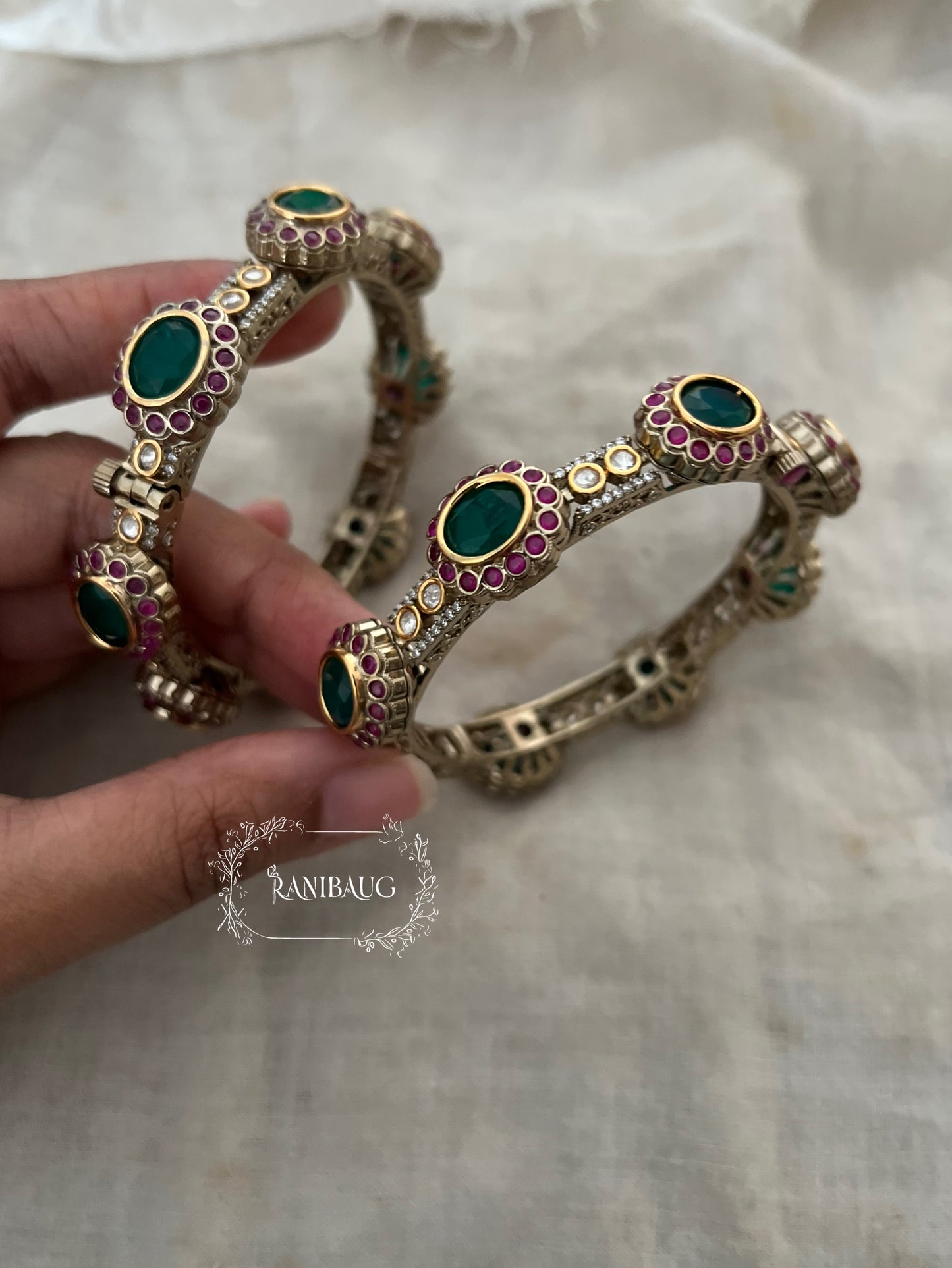Kajal Polki Studded Ruby Emerald Accents Gold Finish Premium Bangles Jewelry By Ranibaug