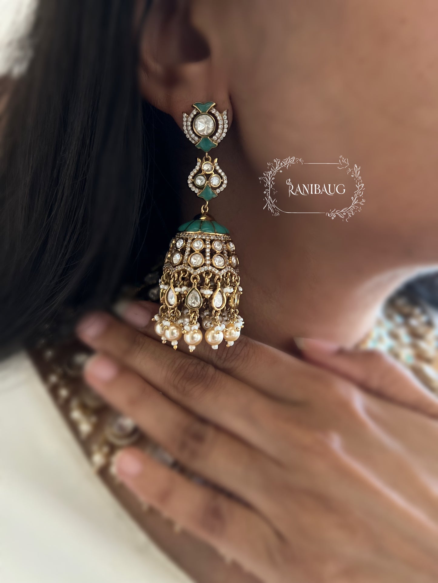 Kalyani Royal Polki Studded Pearl Adorned Gold Finish Bridal Necklace Jewellery Set By Ranibaug