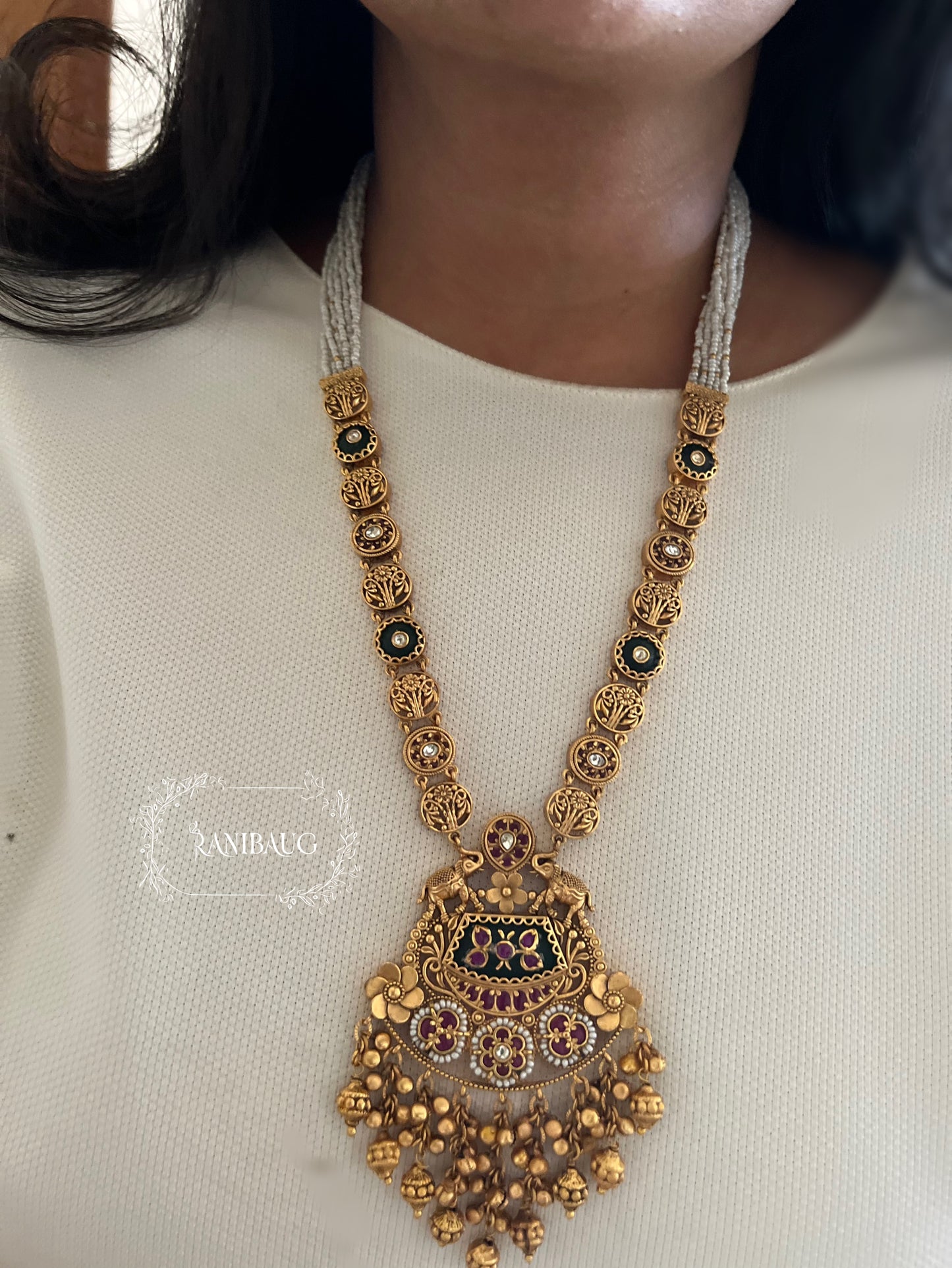 Kanak Royal Abushan Premium Gold Finish Golden Bead Fringe Tassel Heritage Necklace By Ranibaug