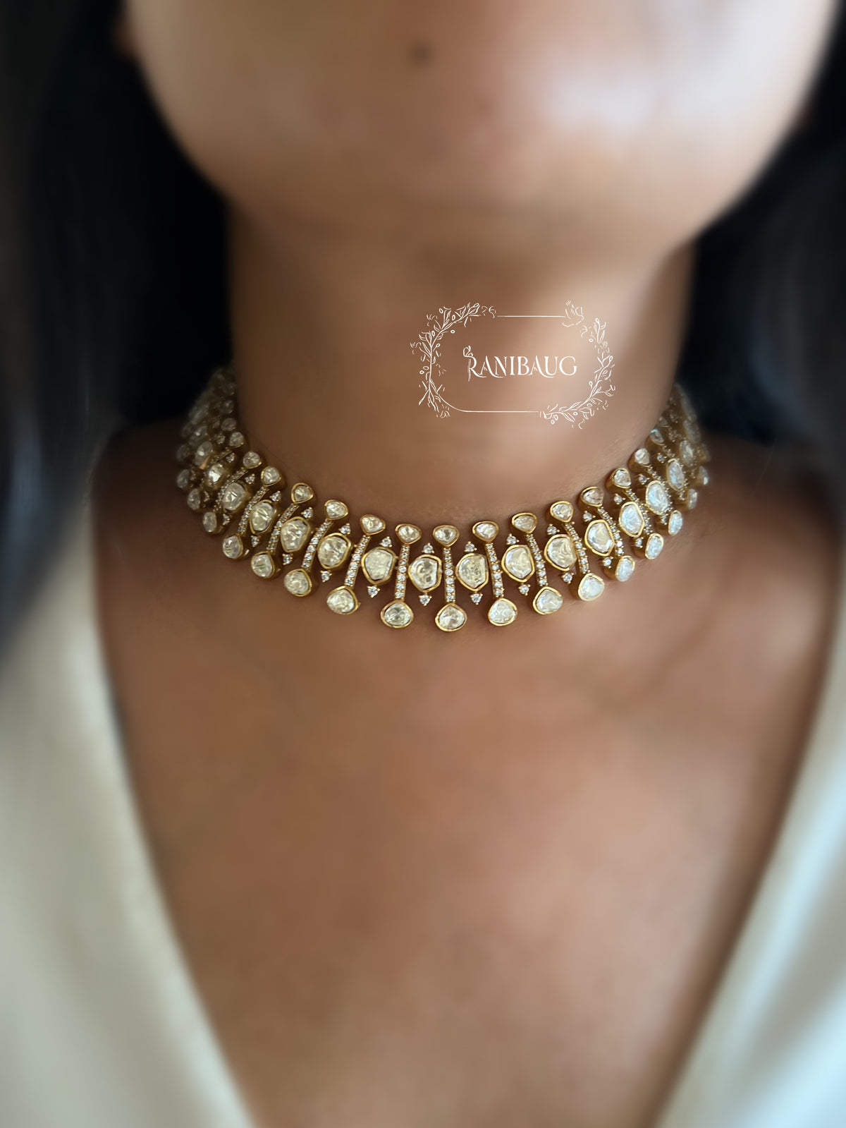 Kanchan Mossainite Polki Rich Gold Finish Royal Statement Jewellery Set By Ranibaug