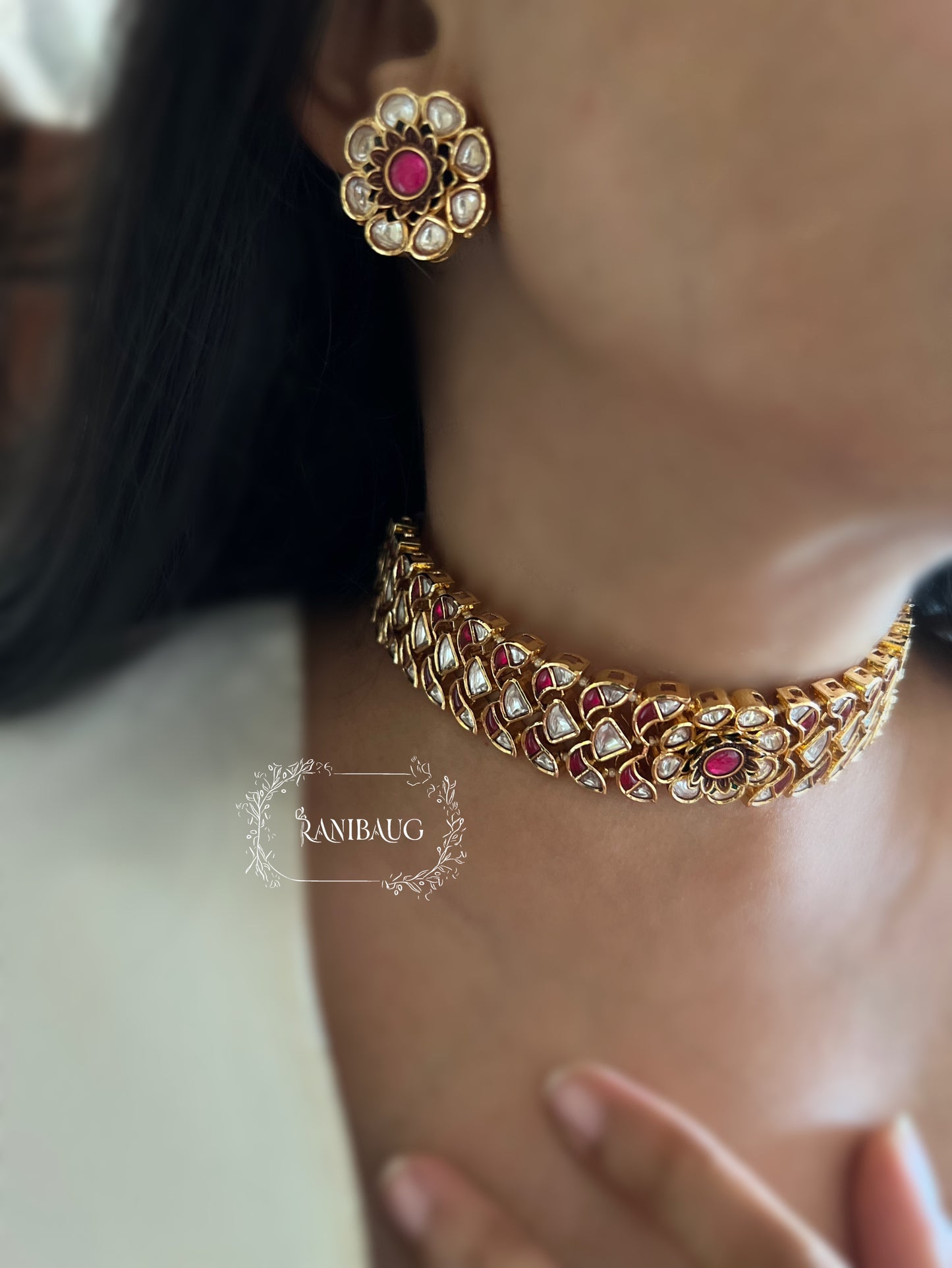 Kanika Flower Design Featuring In Premium Mossainite Kundan And Rich Gold Finish Choker Necklace Set With Flower Stud Earrings By Ranibaug