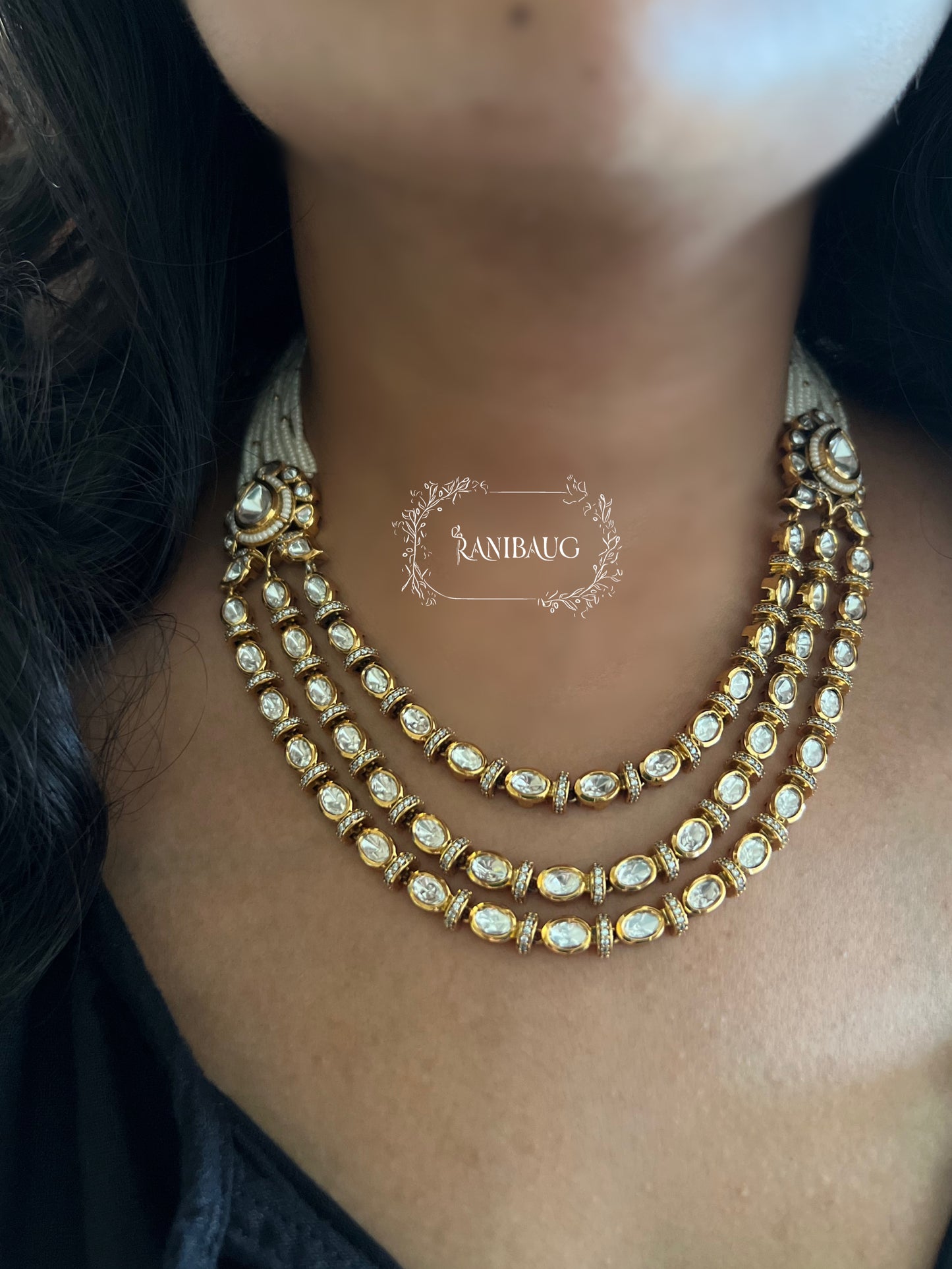 Kartika Gold Finish Polki Kundan Studded Pearl Strand 3 Layered Necklace With Long Earrings By Ranibaug