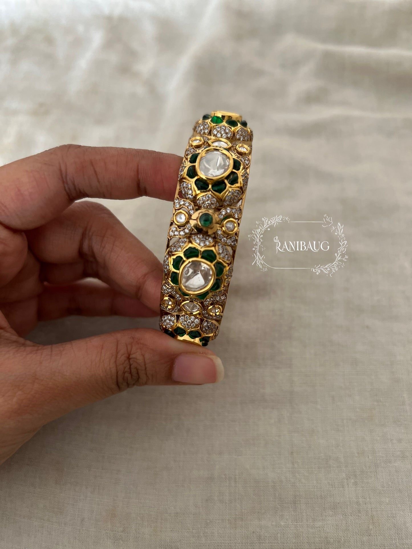 Kashvi Floral Motif Kundan Stone Premium Gold Plated Bangle For Festive Occassions By Ranibaug