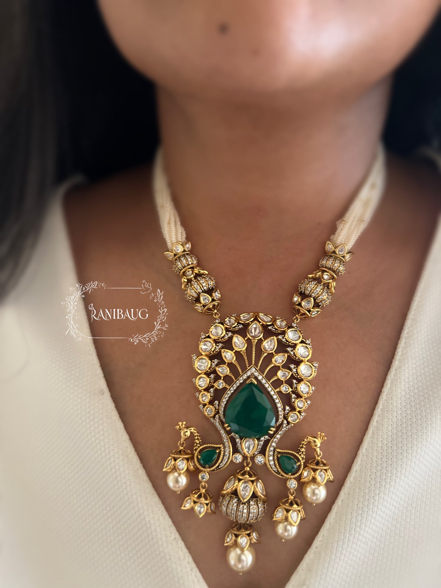 Kiran Royal Mossainite Polki Studded In Rich Gold Finish Necklace Jewellery Set Adorned In Pearls By Ranibaug