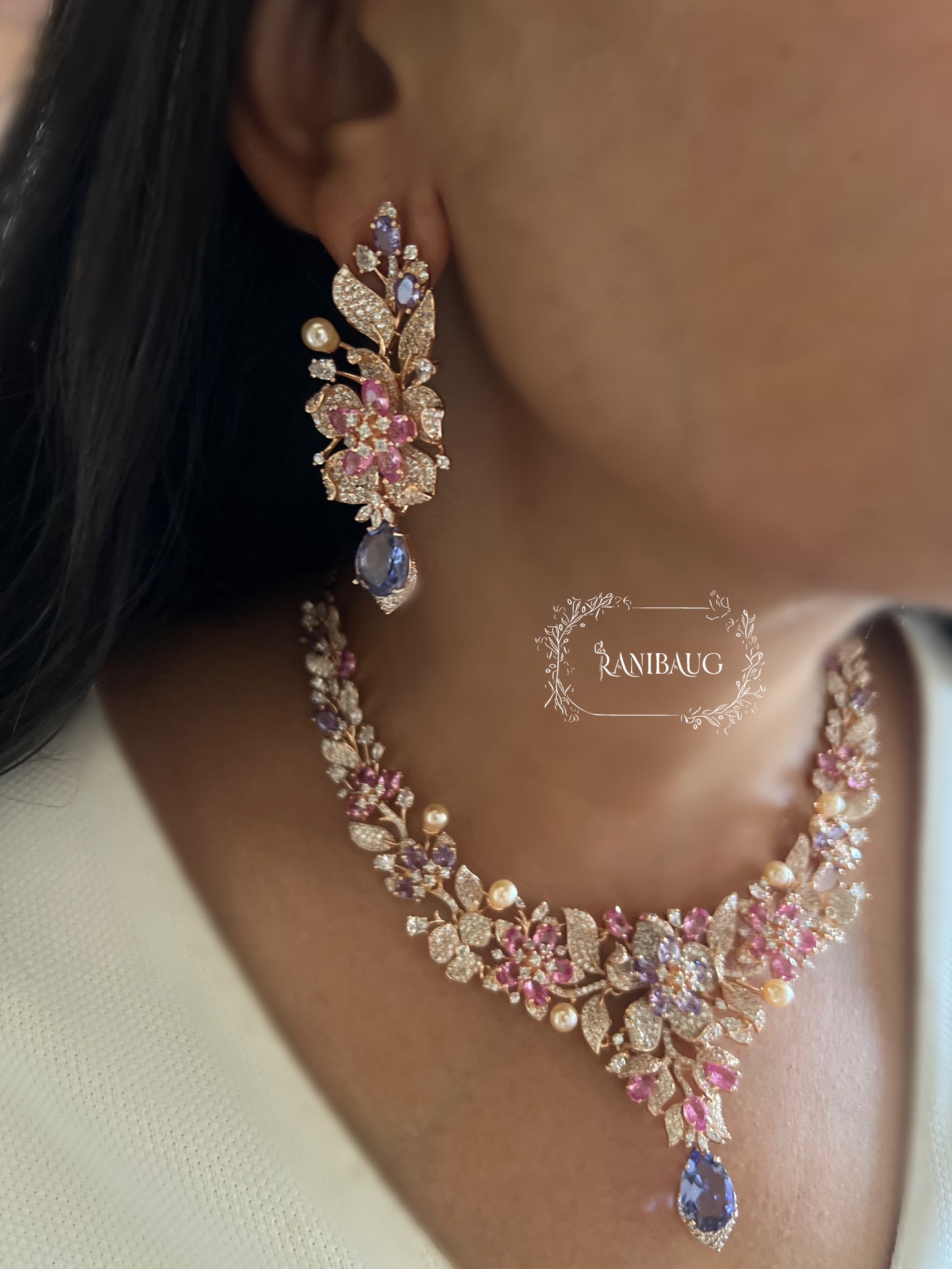 Kiyana Floral Blossom Bouquet Designer Gold Finish Diamond Necklace Jewellery Set By Ranibaug