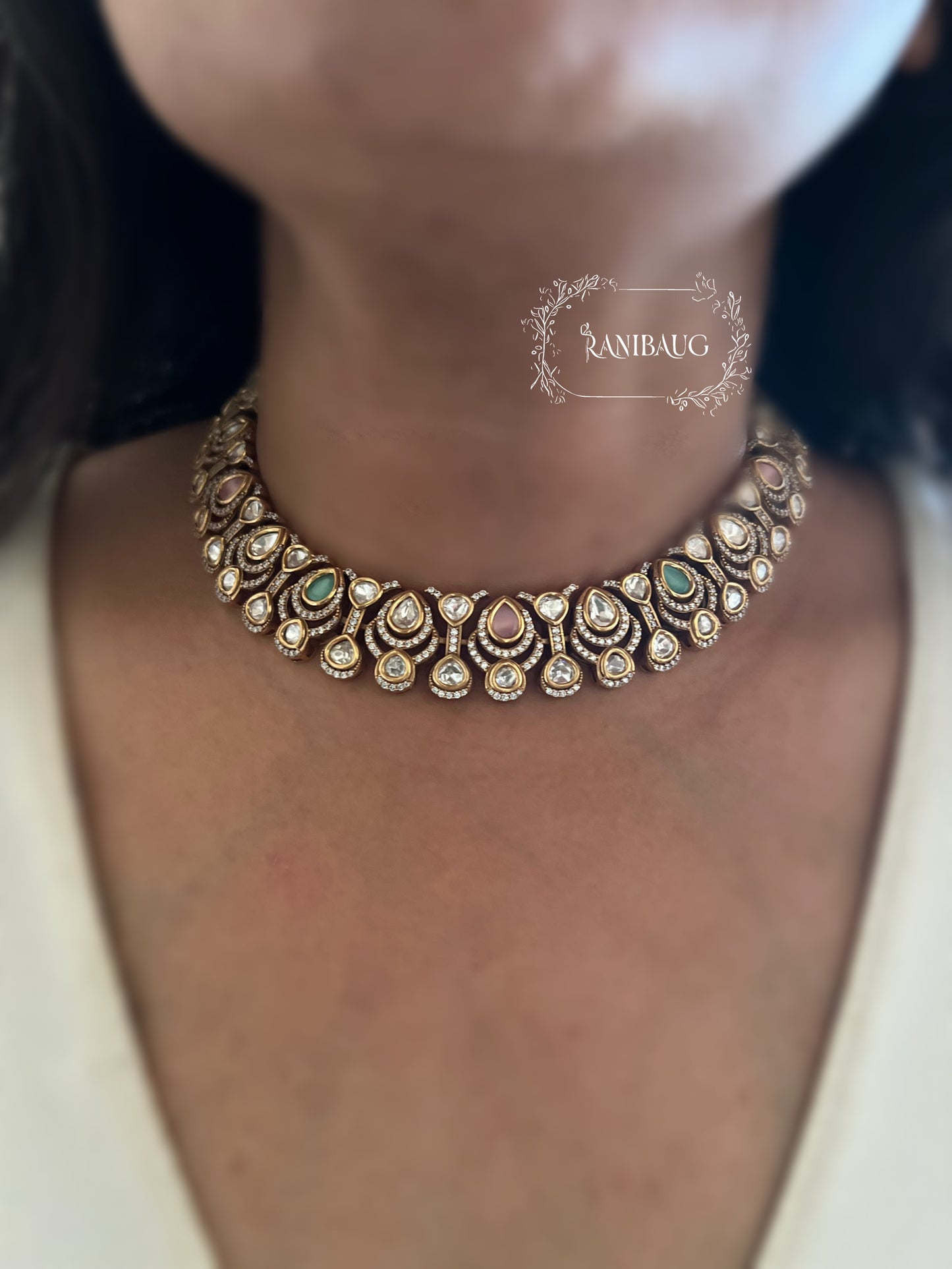 Komal Mossainite Polki Victorian Finish Modern Premium Choker Necklace Set By Ranibaug