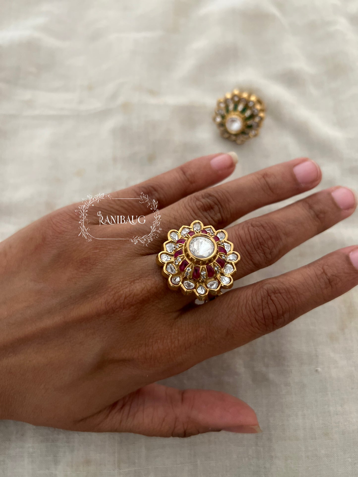 Krishi Polki Studded Gold Finish Festive Ring Jewellery For Indian Wear By Ranibaug
