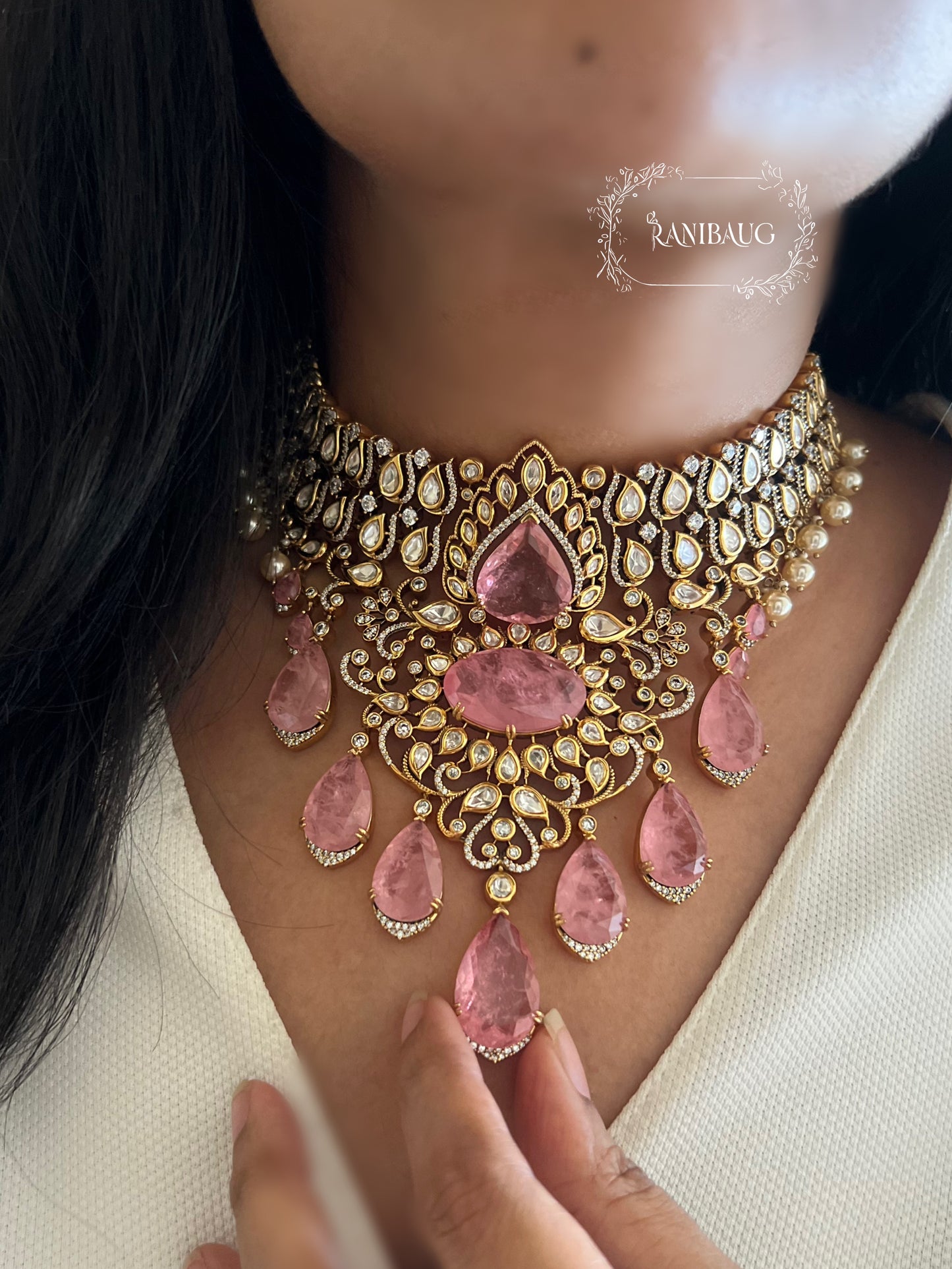 Kusum Gulabi Pink Polki Kundan Drop Heavy Necklace Jewellery Set In Rich Gold Finish By Ranibaug