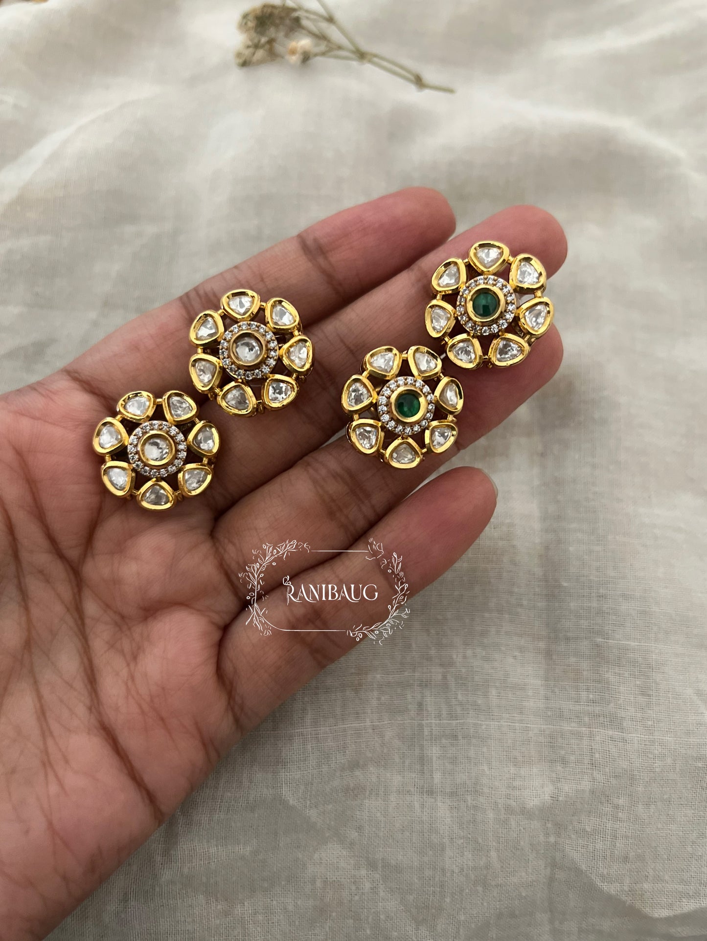 Kusum Polki Kundan Flower Gold Plated Stud Earrings By Ranibaug
