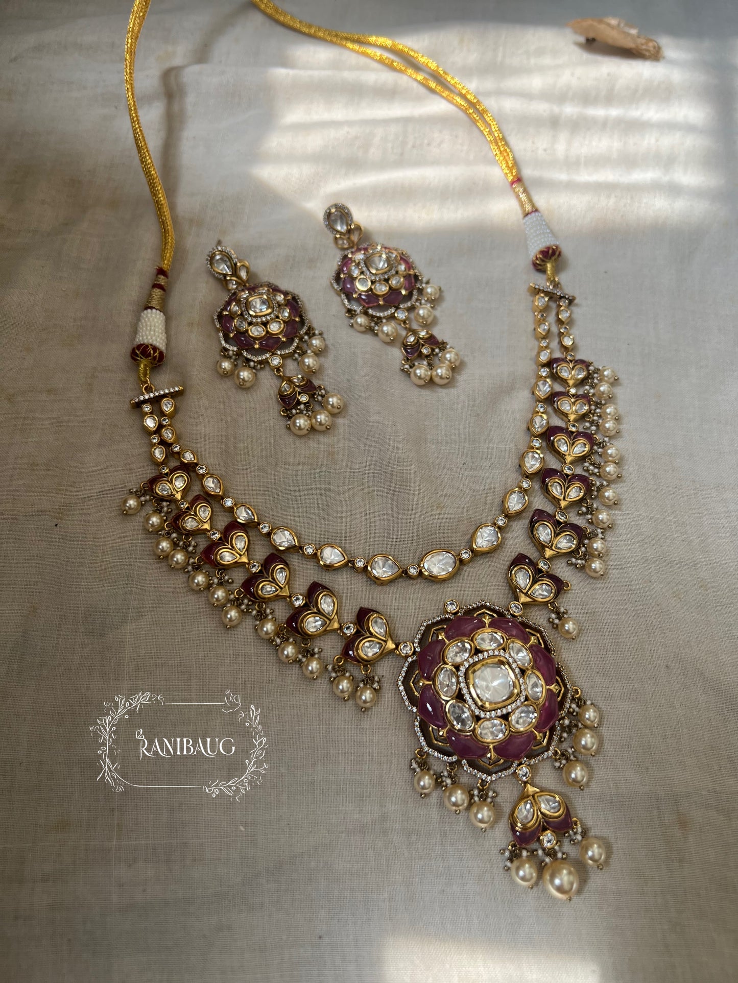 Kusum Traditional Indian Polki Kundan Layered Necklace Set In Rich Gold Finish By Ranibaug