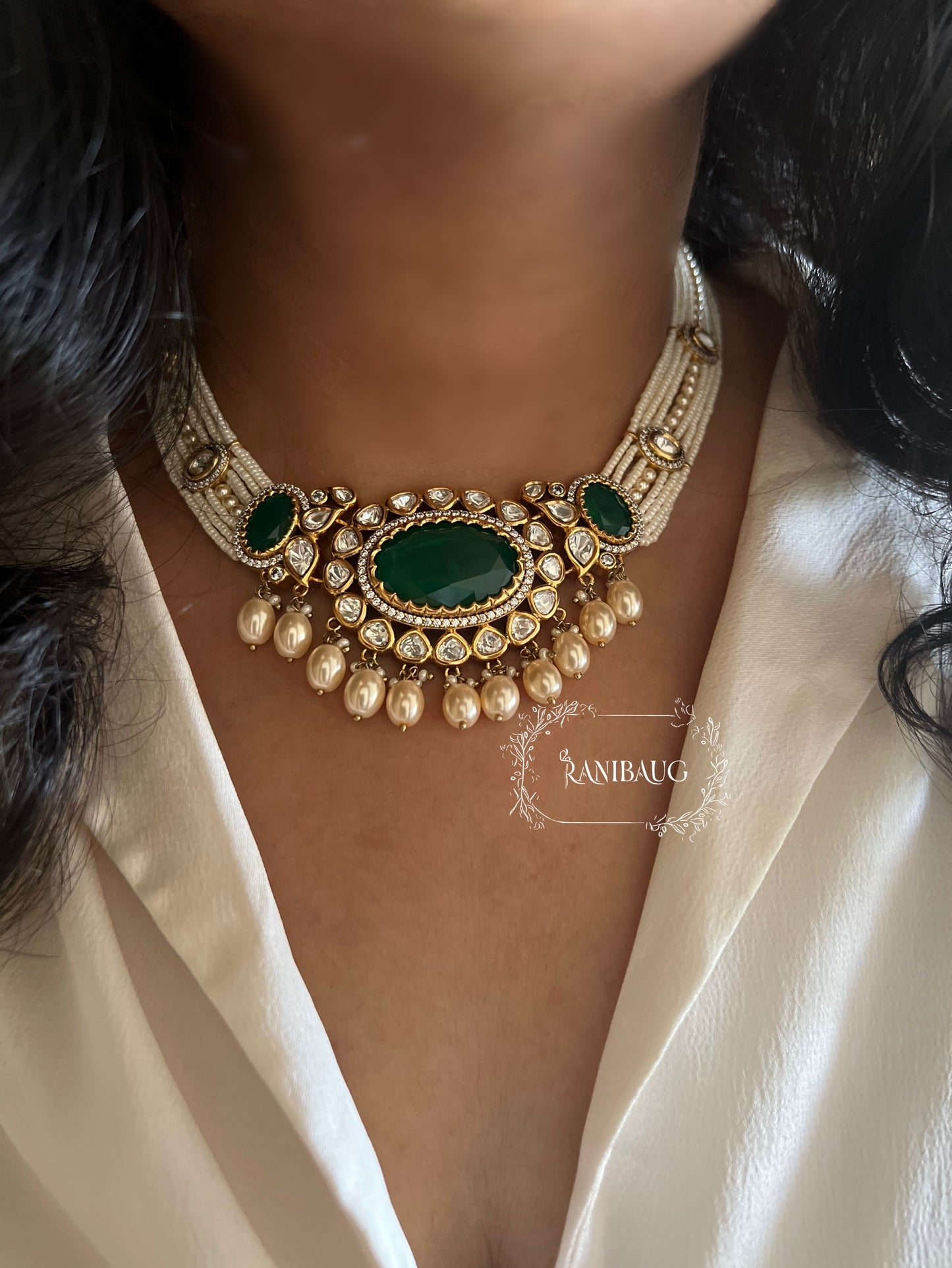 Labhi Gold Finish Polki Kundan And Pearl Necklace With Emerald Center Stone By Ranibaug