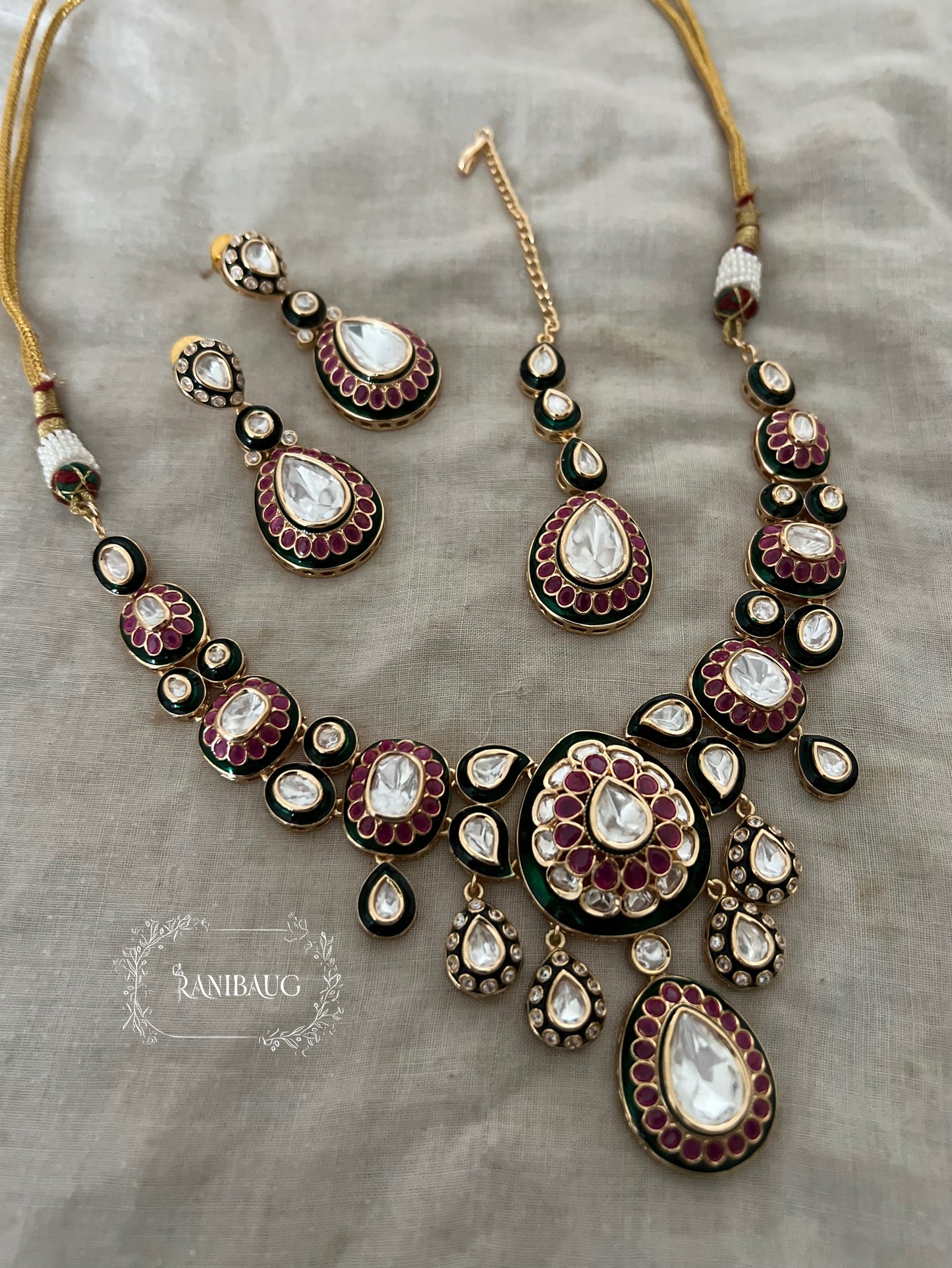 Maheshwari Polki Drops Gold Finish Emerald Ruby Toned Necklace Set By Ranibaug