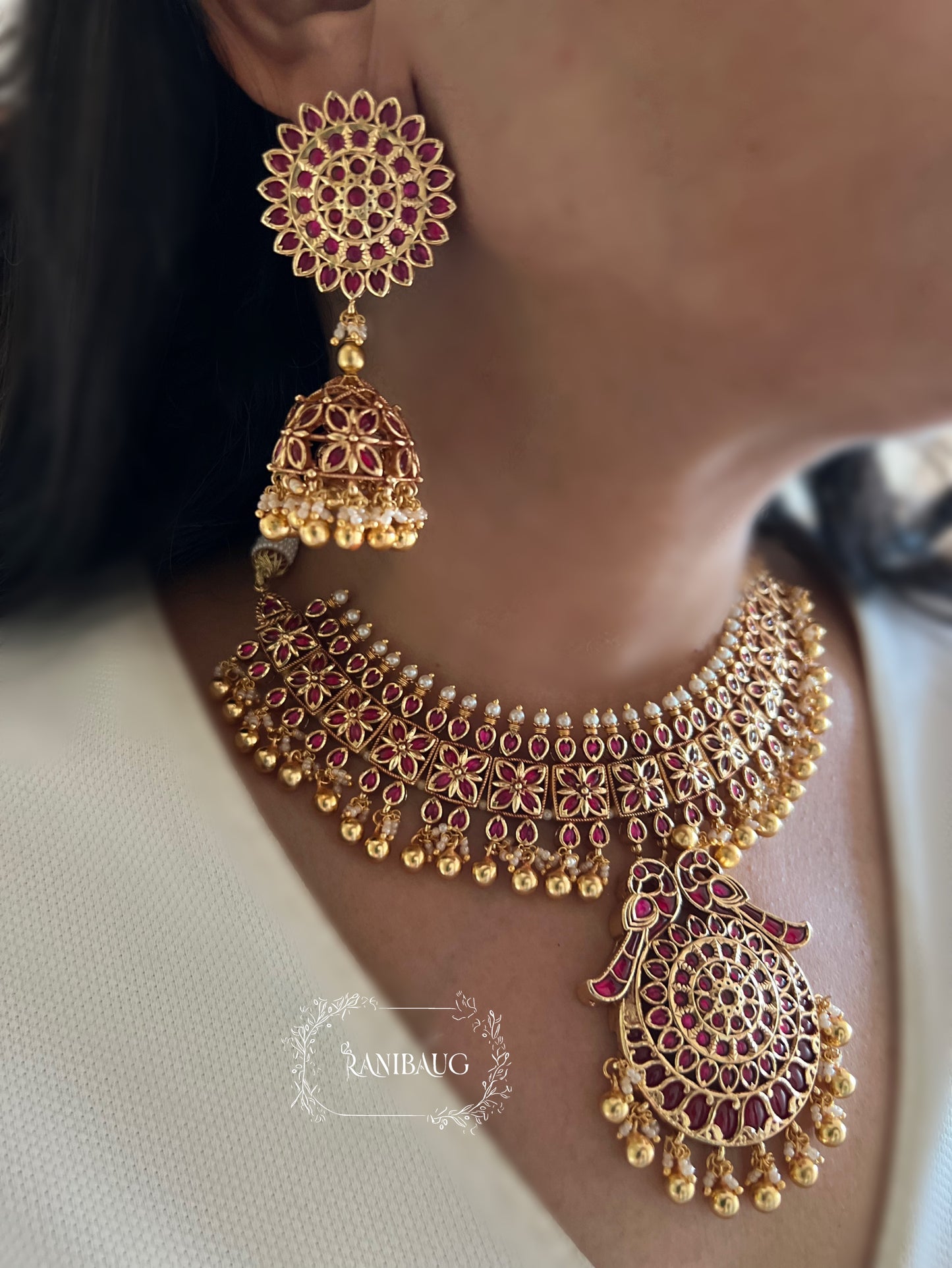Mallika Heritage Heavy Gold Finish In Emerald And Ruby Accents Temple Necklace Jewellery Set By Ranibaug