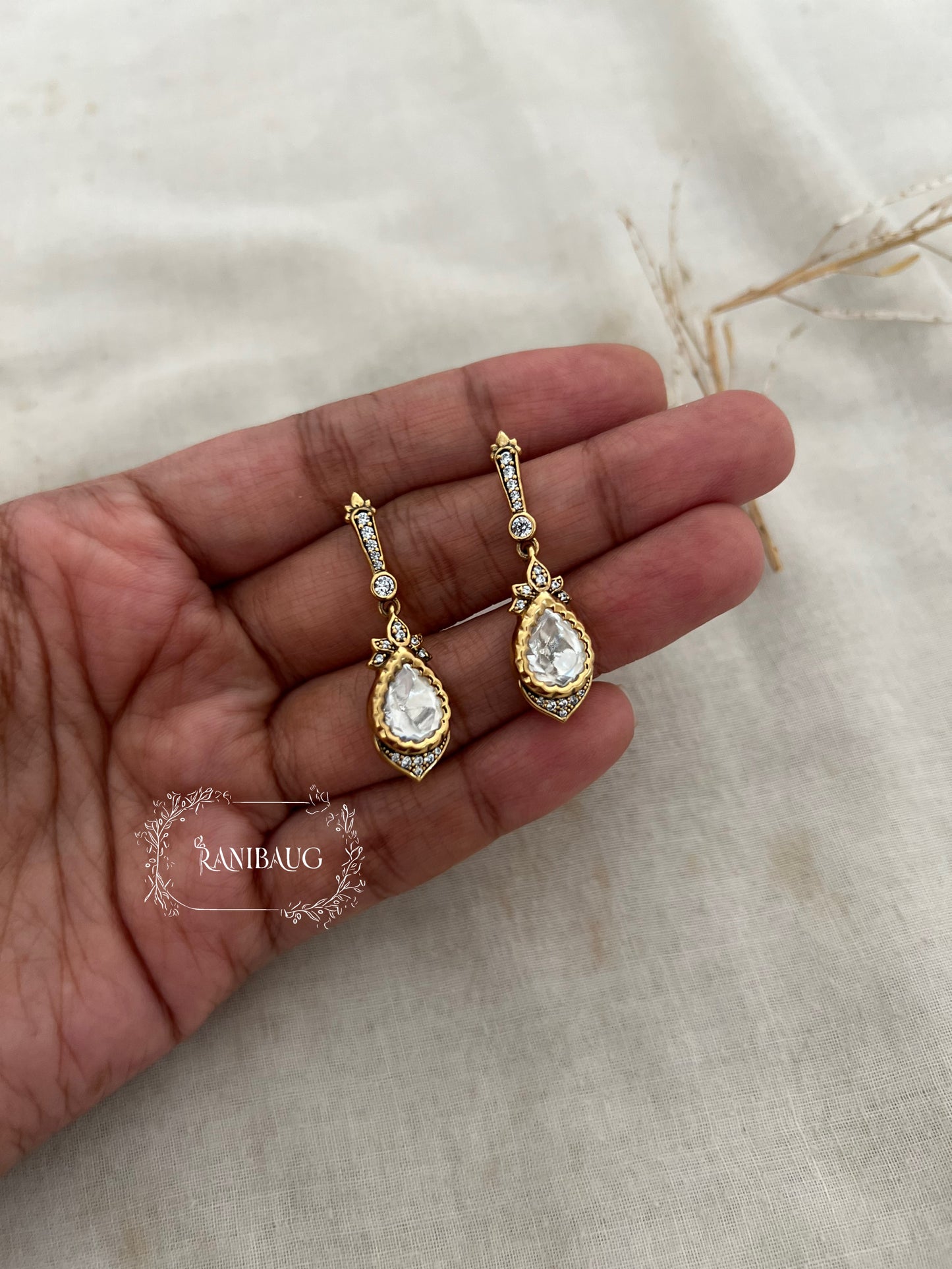 Manika Teardrop Polki Diamond Dangler Stud Earrings In Premium Gold Finish By Ranibaug