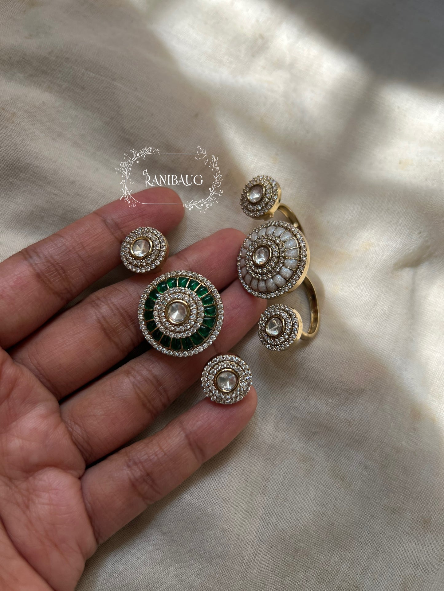 Manshi Polki Kundan White And Green Festive Two Finger Ring Jewelry By Ranibaug