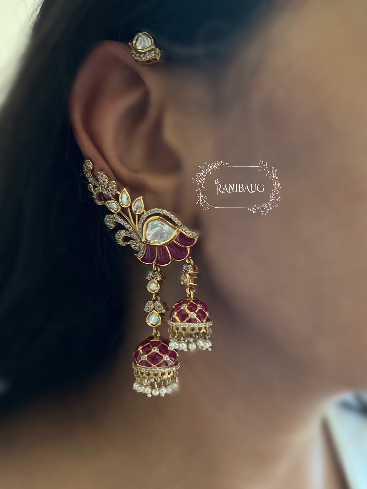 Mayesha Floral Polki Kundan Gold Enamel Dangle Jhumki Earcuff Earrings By Ranibaug