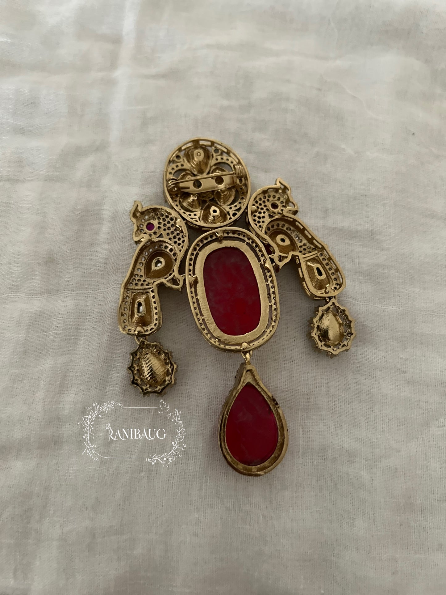 Mayur Polki Kundan Antique Gold Tone Royal Ruby Motif Brooch By Ranibaug
