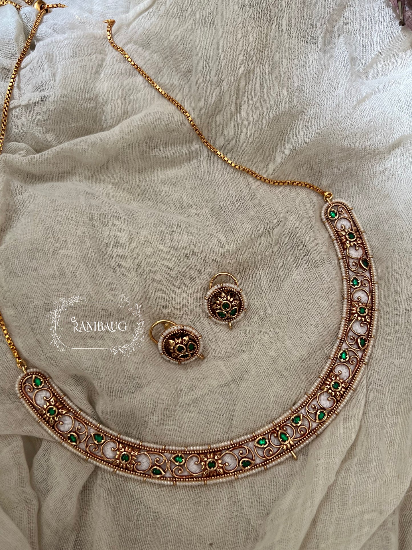 Mayura Meenakari Intricate Gold Work Floral Motif Necklace Set By Ranibaug