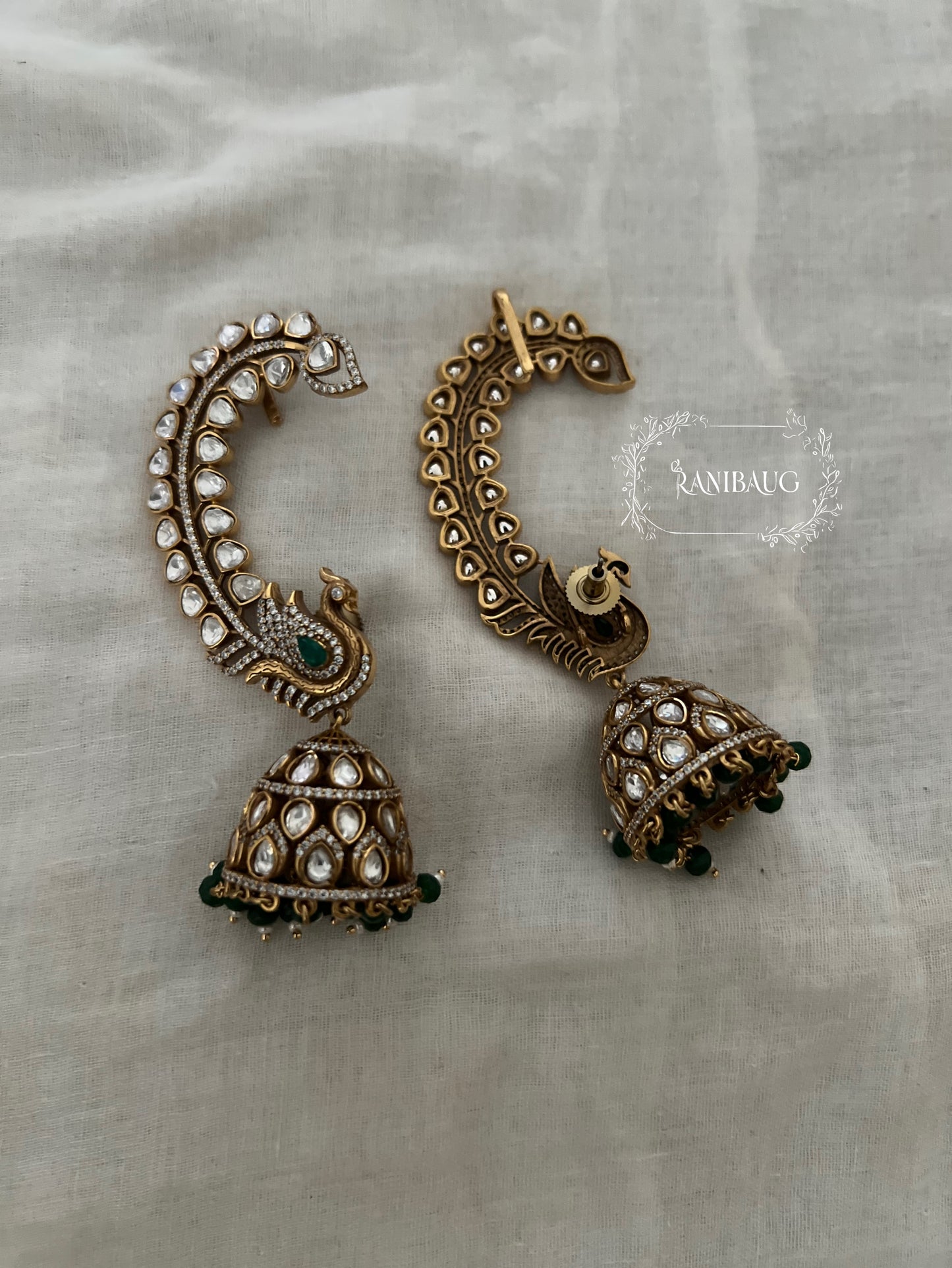 Mayuri Peacock Kundan Motif Antique Gold Finish Cuff Festive Earrings By Ranibaug