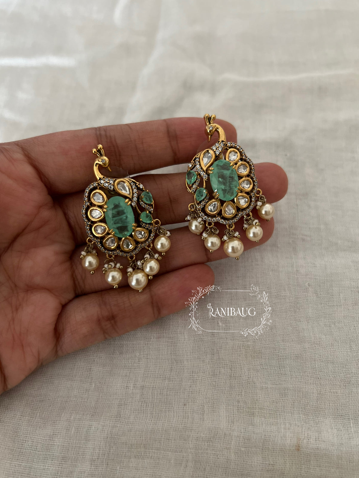 Mayurika Peacock Mint Stone Polki Pearl Festive Stud Earrings By Ranibaug